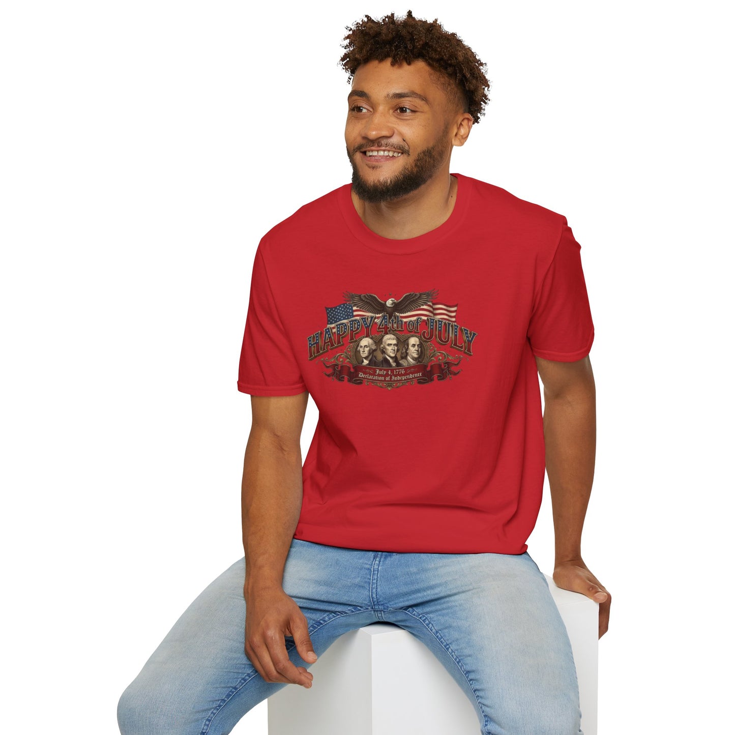 4th of July T-Shirt — "Happy 4th of July" Vintage Patriotic Tee featuring Founding Fathers & Eagle