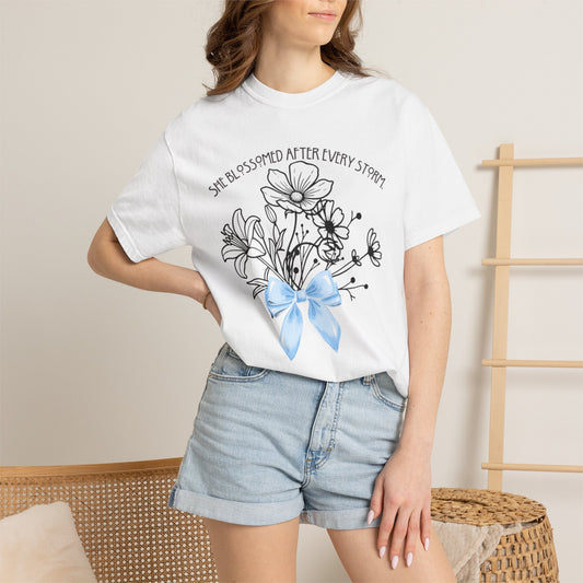 T-Shirt — 'She Blossomed After Every Storm' Floral Bouquet Tee with Blue Ribbon