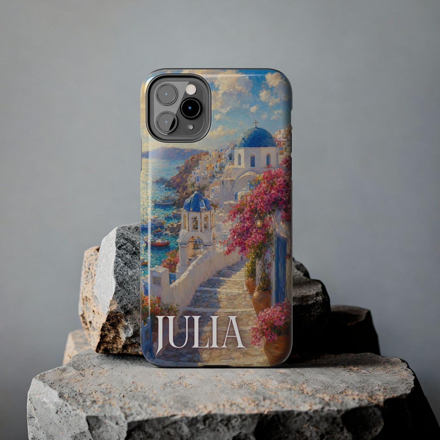 Tough Phone Case — Personalized Santorini Seaside Design (Name: JULIA)