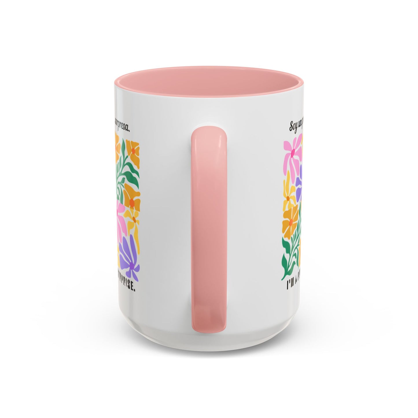 Floral "Soy un premio... sorpresa" Accent Coffee Mug — Colorful Spanish Quote 11/15oz