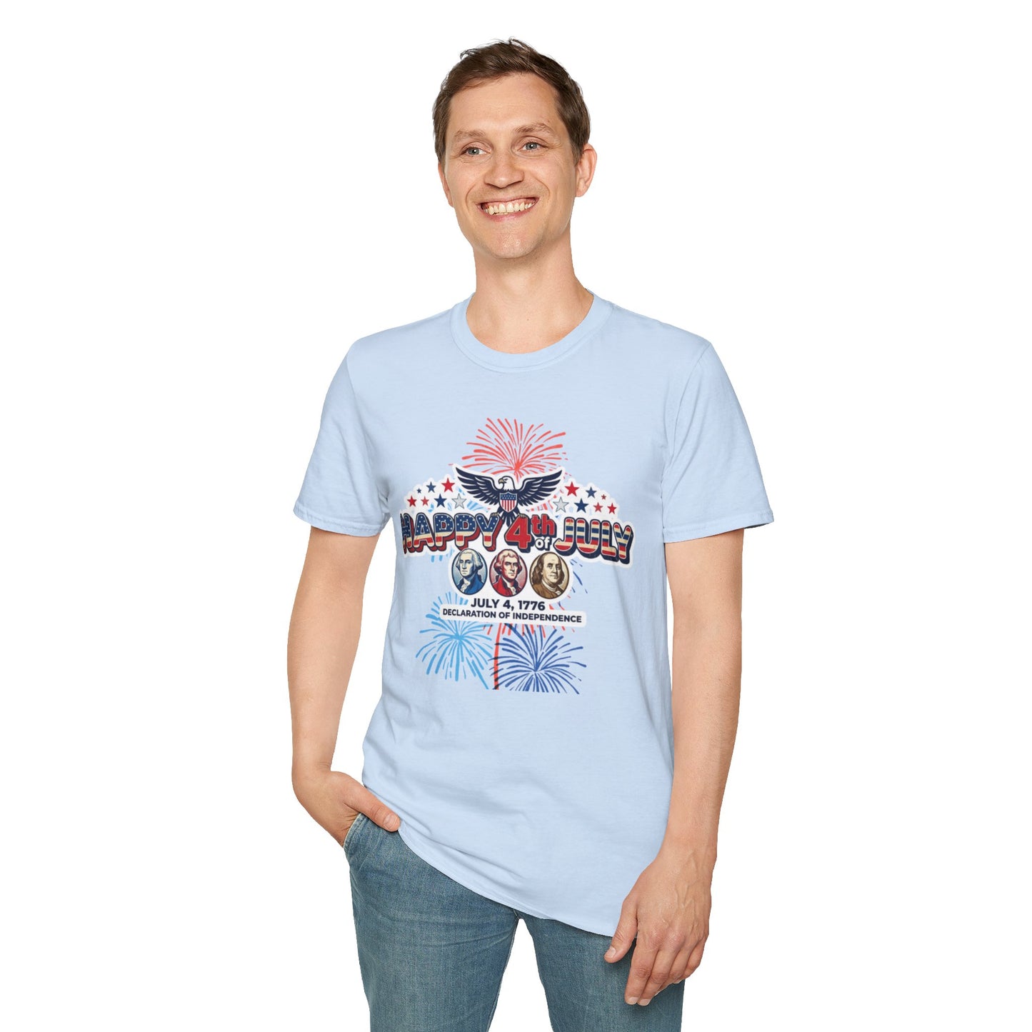 Unisex Softstyle T-ShirtHappy 4th July Eagle T-Shirt | Patriotic Fireworks Independence Day Tee