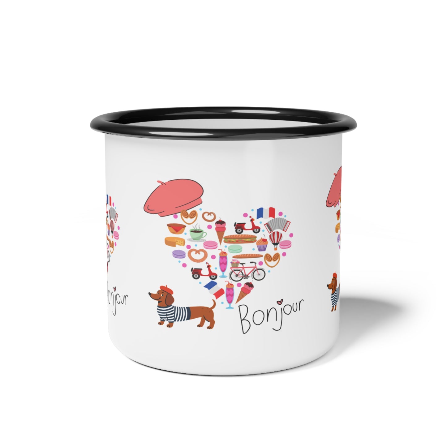 Enamel Camp Cup, This glossy enamel camp cup brings a playful touch of Paris to morning coffee,