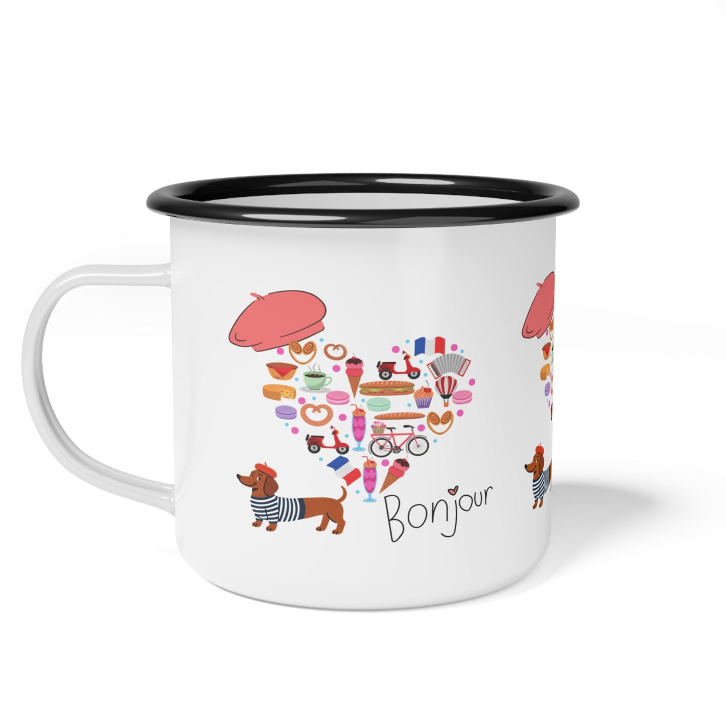 Enamel Camp Cup, This glossy enamel camp cup brings a playful touch of Paris to morning coffee,