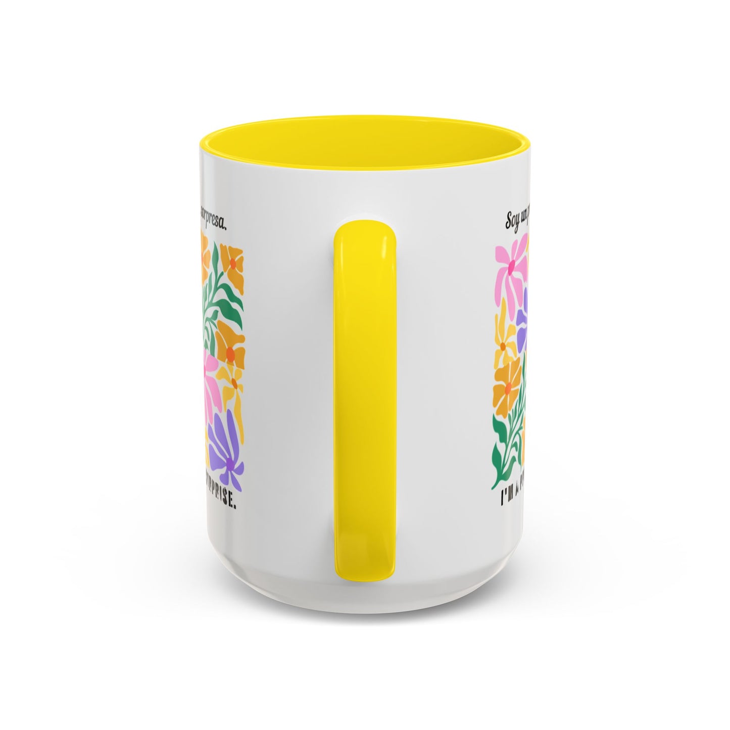 Floral "Soy un premio... sorpresa" Accent Coffee Mug — Colorful Spanish Quote 11/15oz