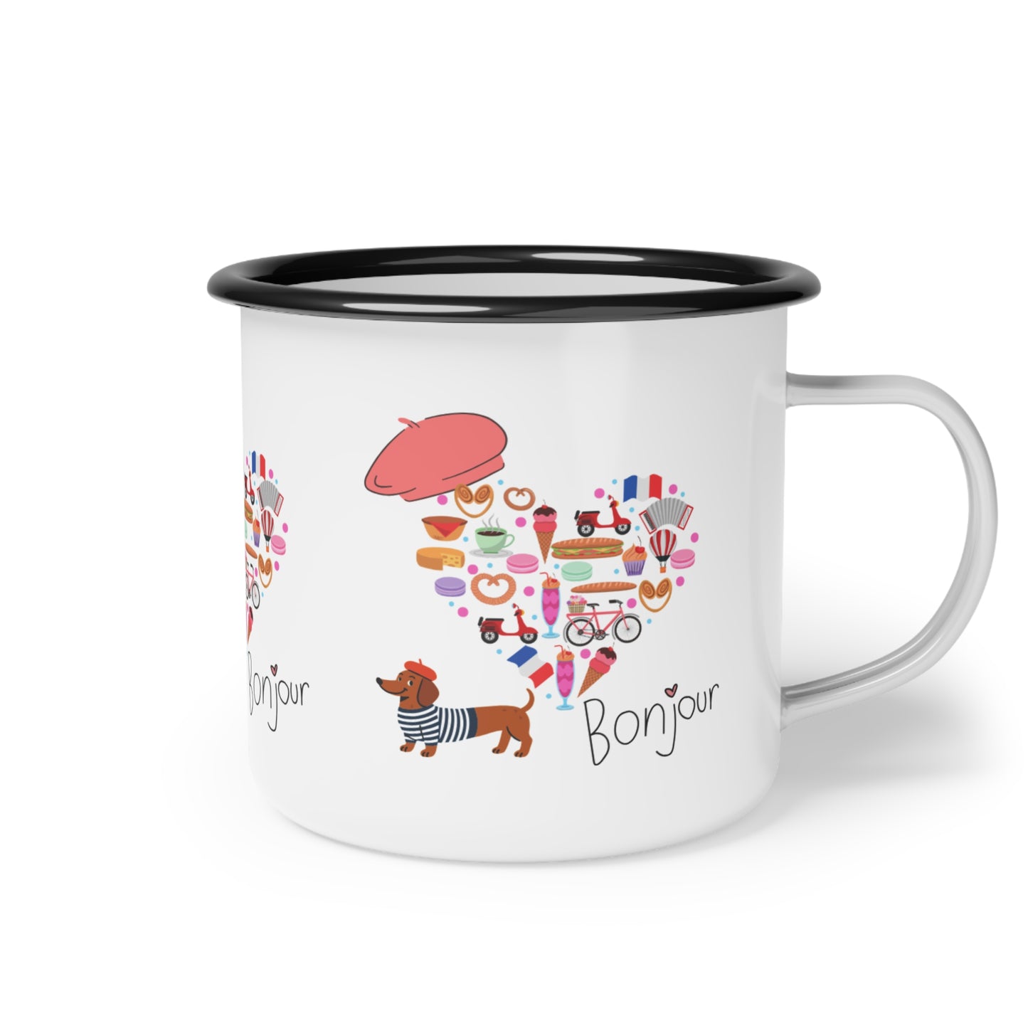 Enamel Camp Cup, This glossy enamel camp cup brings a playful touch of Paris to morning coffee,