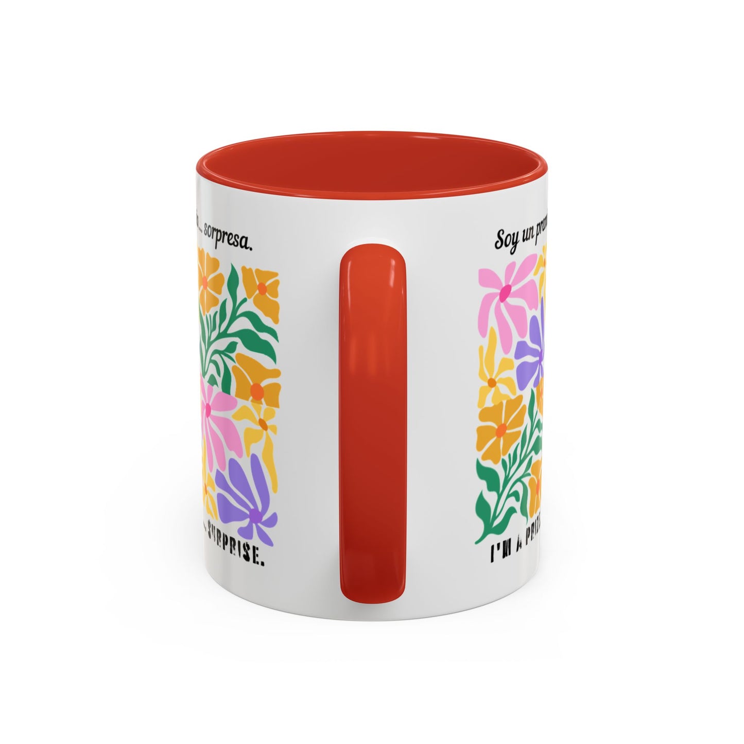 Floral "Soy un premio... sorpresa" Accent Coffee Mug — Colorful Spanish Quote 11/15oz