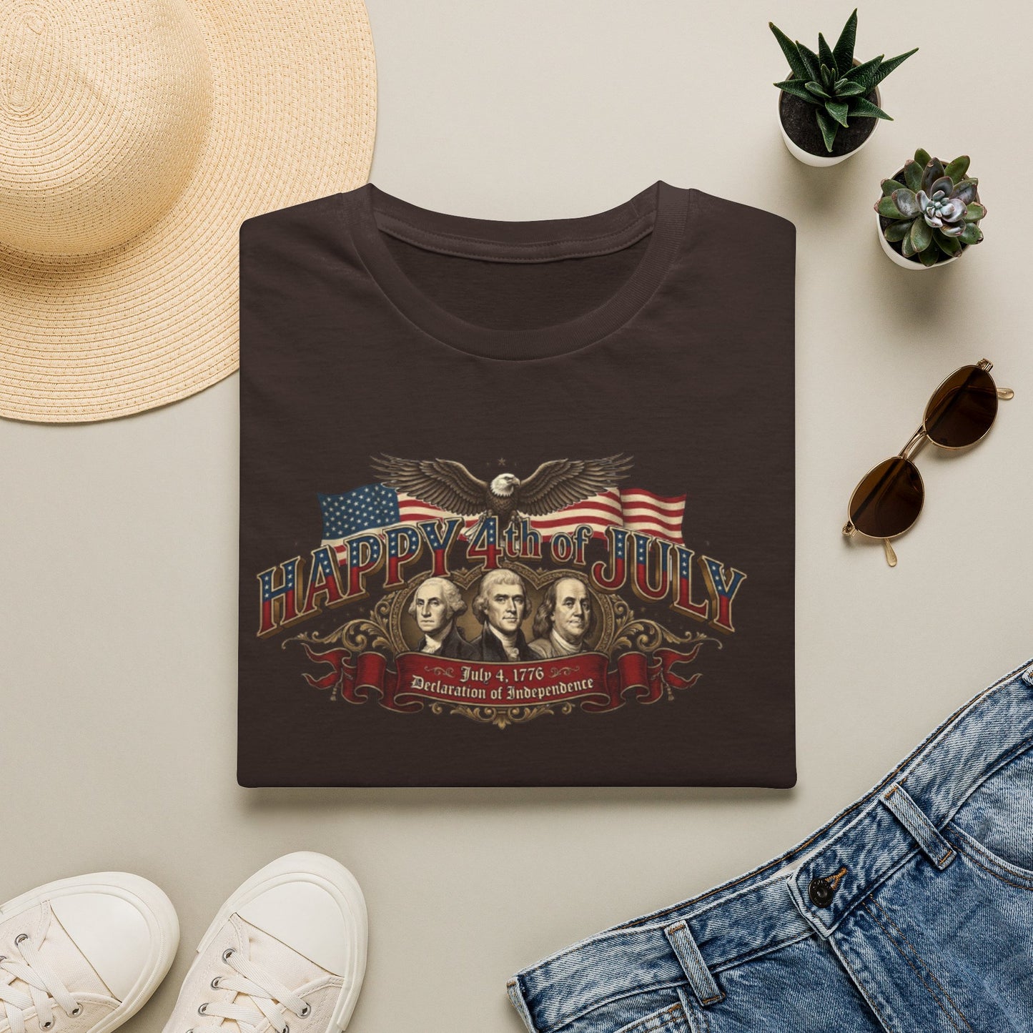 4th of July T-Shirt — "Happy 4th of July" Vintage Patriotic Tee featuring Founding Fathers & Eagle
