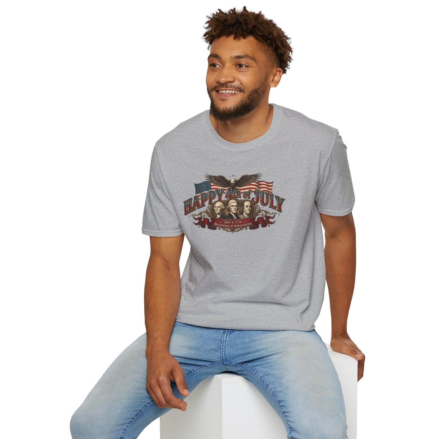 4th of July T-Shirt — "Happy 4th of July" Vintage Patriotic Tee featuring Founding Fathers & Eagle