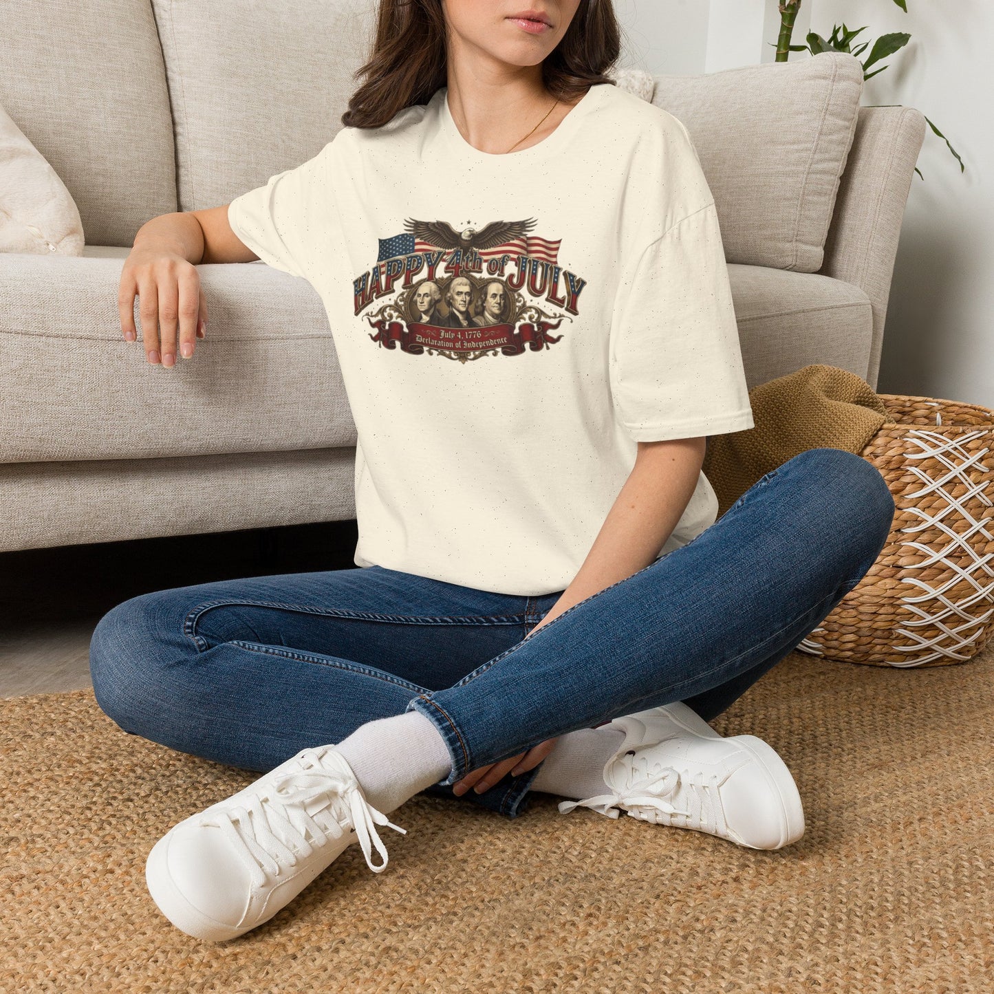 4th of July T-Shirt — "Happy 4th of July" Vintage Patriotic Tee featuring Founding Fathers & Eagle