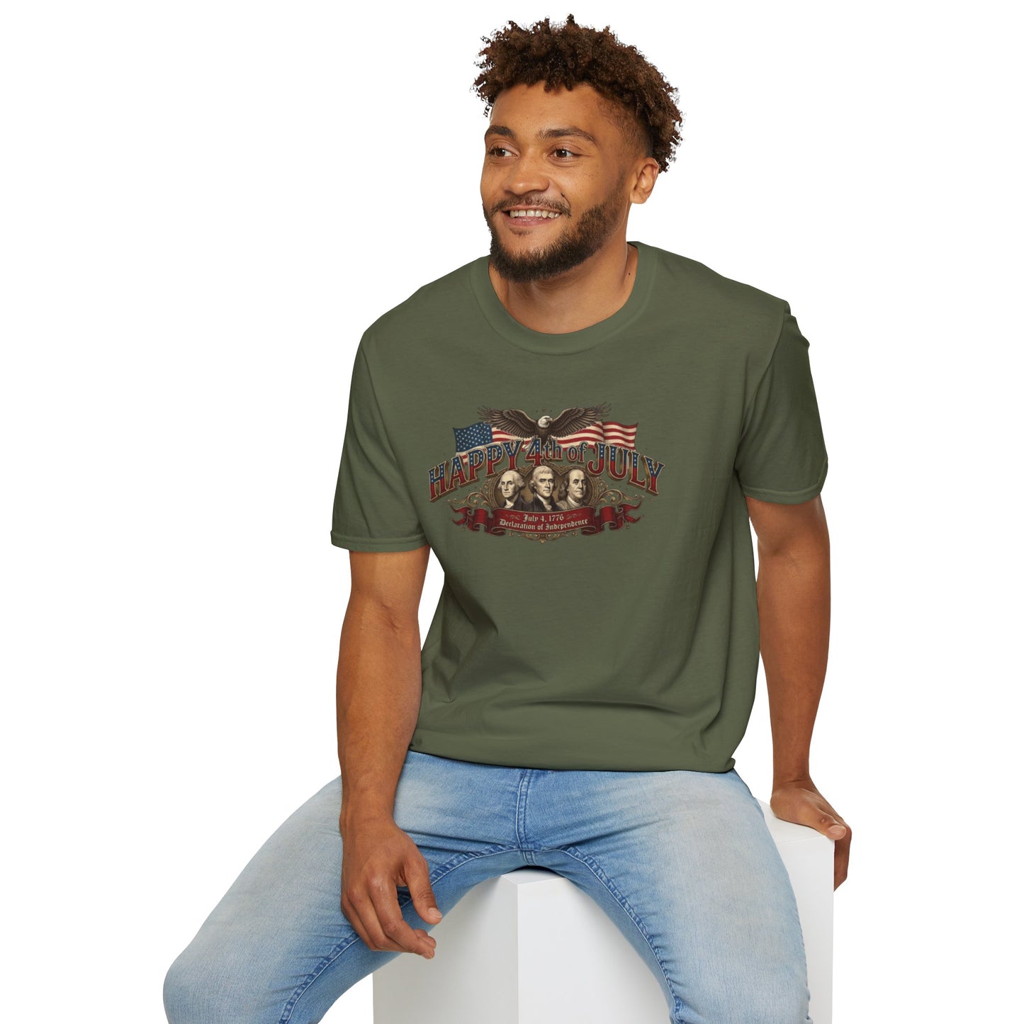 4th of July T-Shirt — "Happy 4th of July" Vintage Patriotic Tee featuring Founding Fathers & Eagle