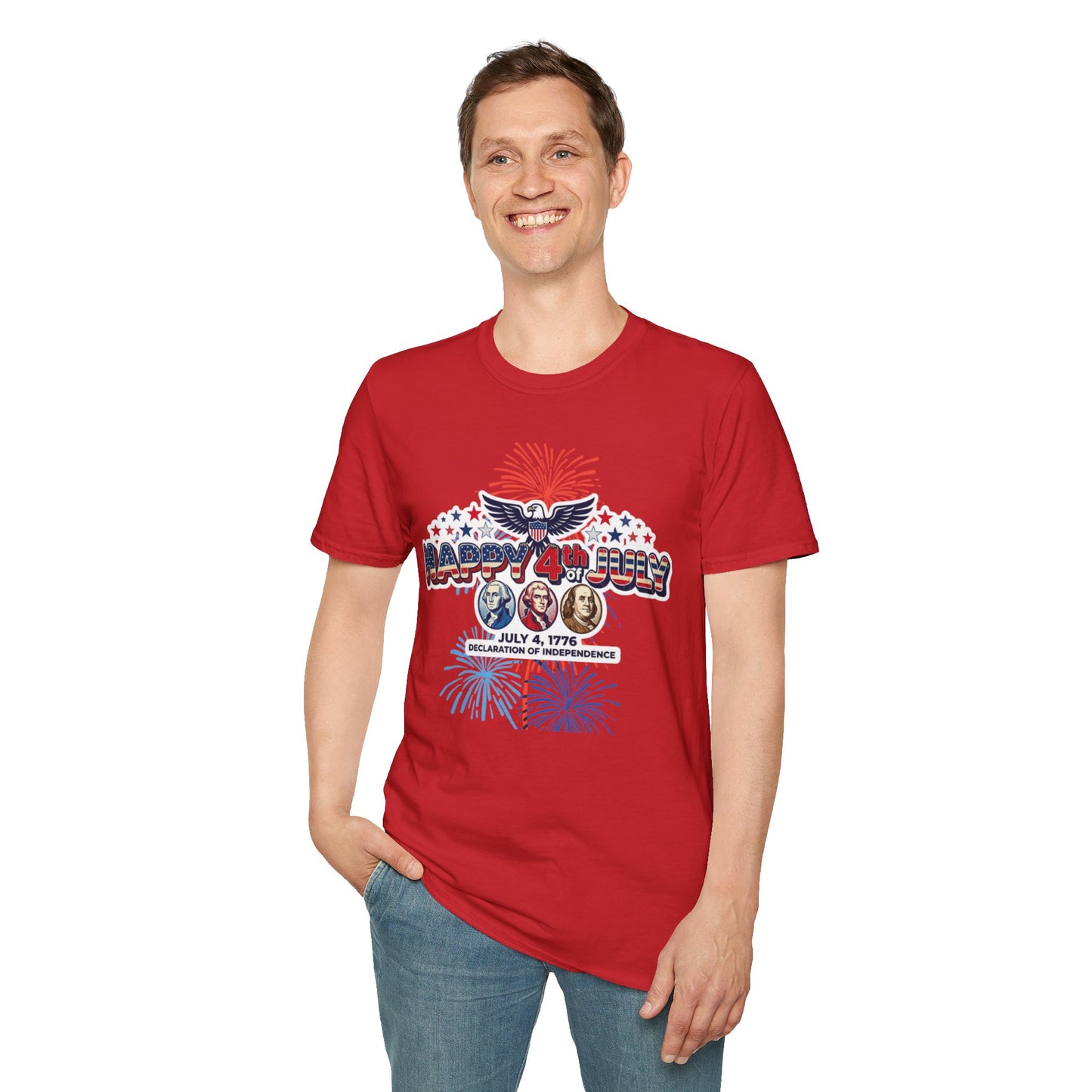 Unisex Softstyle T-ShirtHappy 4th July Eagle T-Shirt | Patriotic Fireworks Independence Day Tee