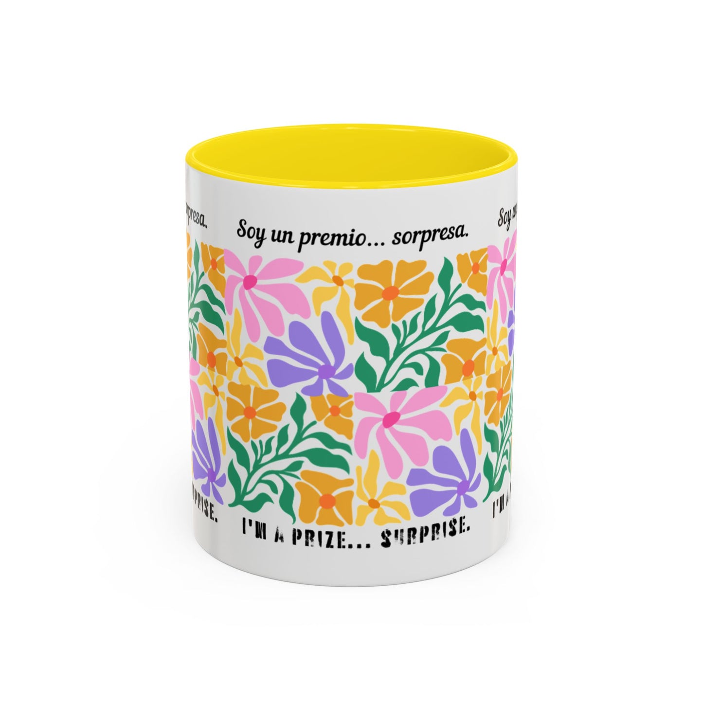 Floral "Soy un premio... sorpresa" Accent Coffee Mug — Colorful Spanish Quote 11/15oz
