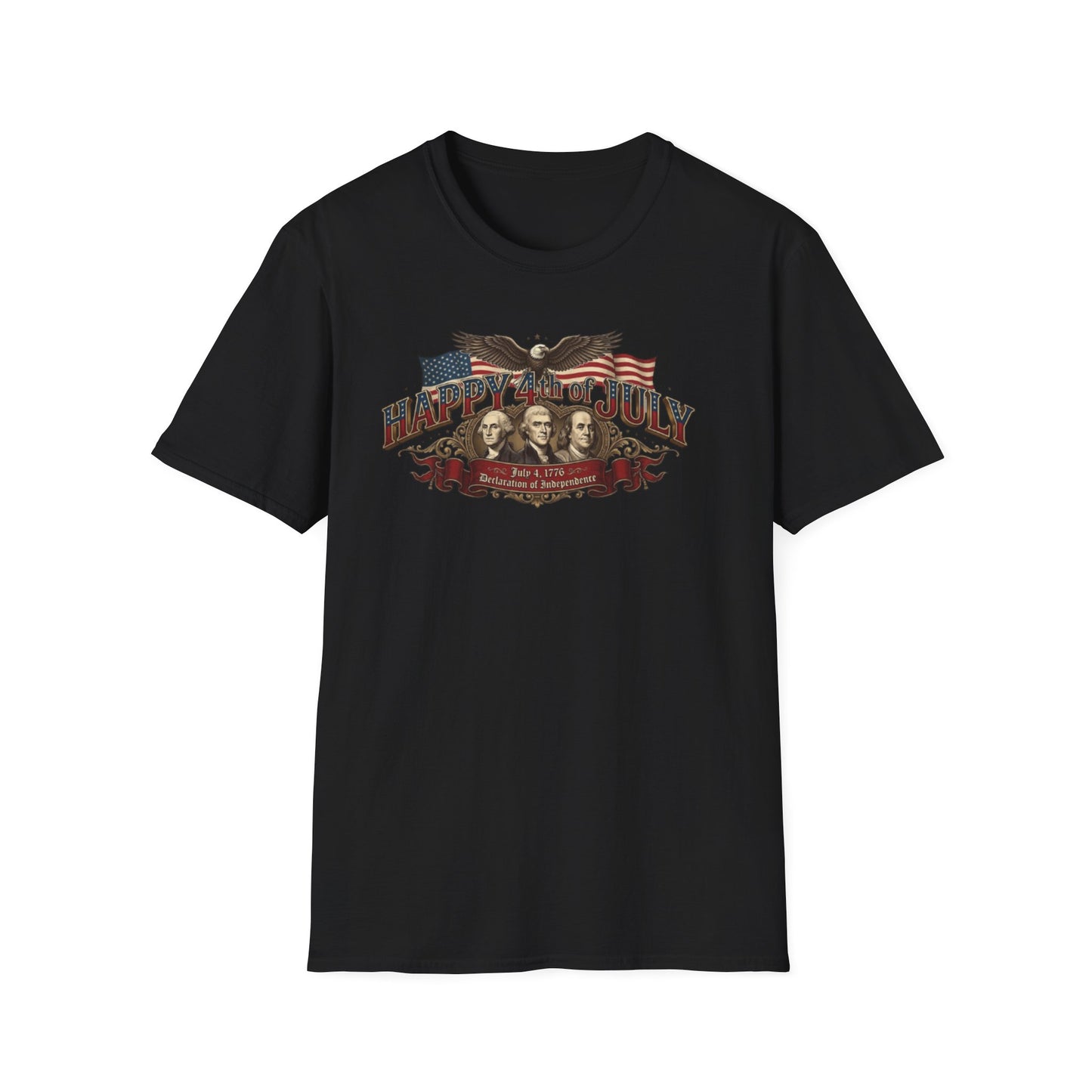 4th of July T-Shirt — "Happy 4th of July" Vintage Patriotic Tee featuring Founding Fathers & Eagle
