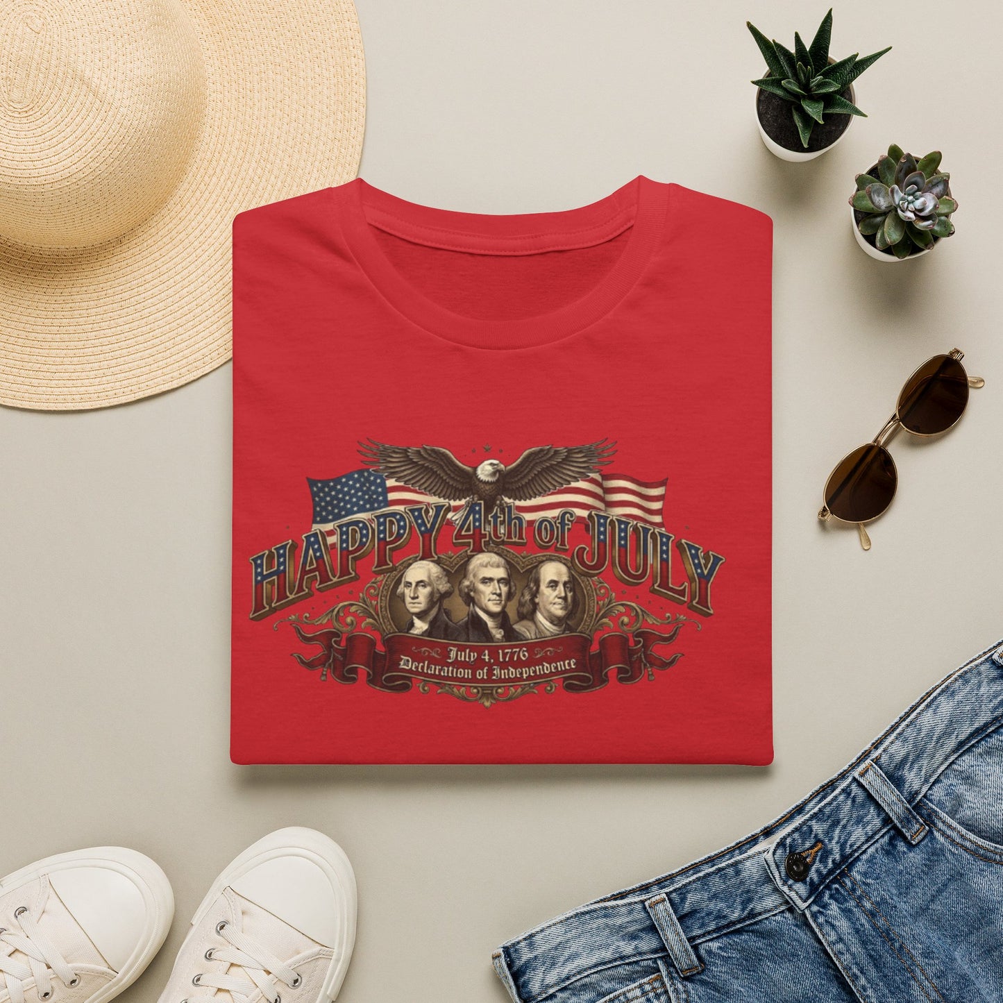 4th of July T-Shirt — "Happy 4th of July" Vintage Patriotic Tee featuring Founding Fathers & Eagle
