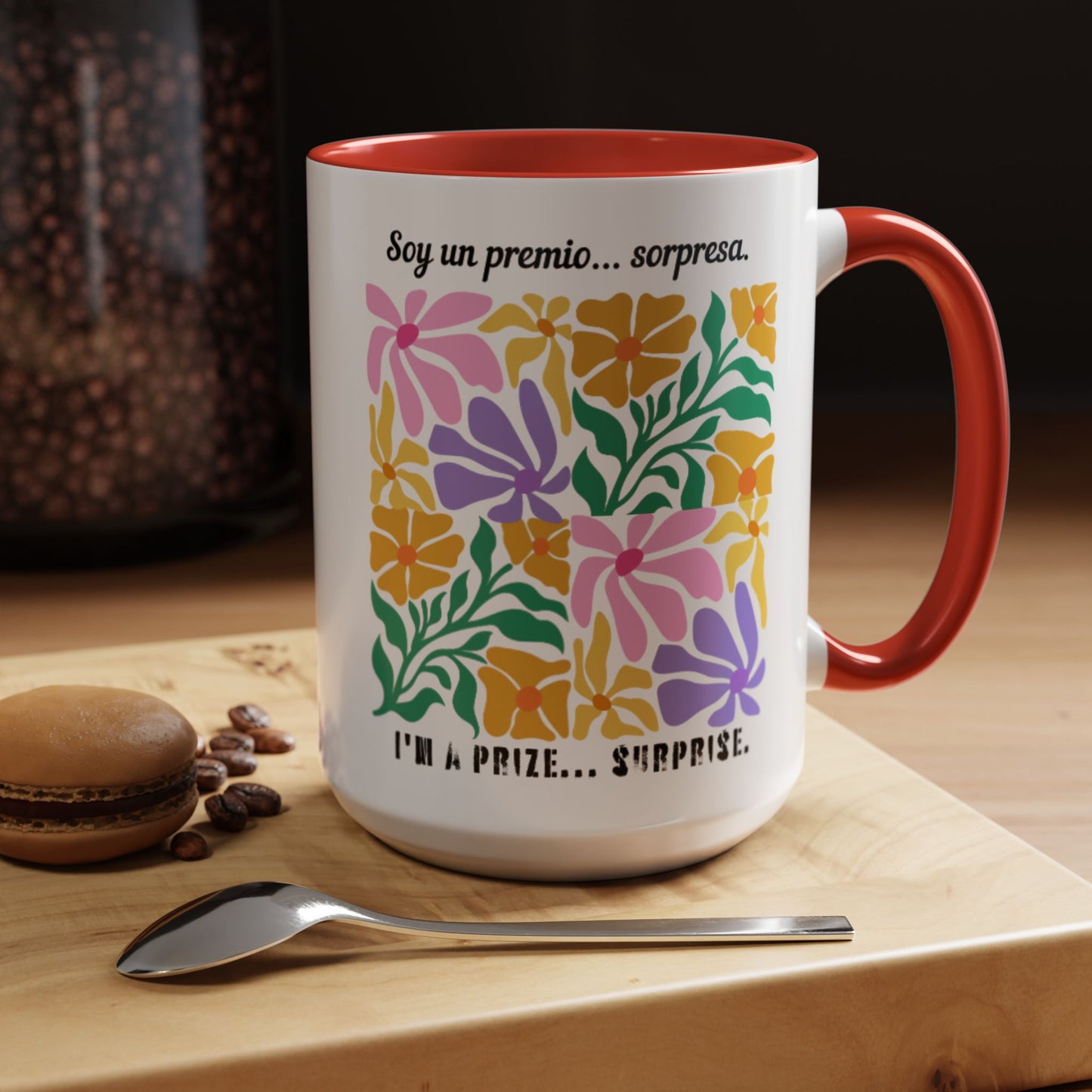 Floral 'Soy un premio... sorpresa / I'm a Prize... Surprise' Accent Coffee Mug