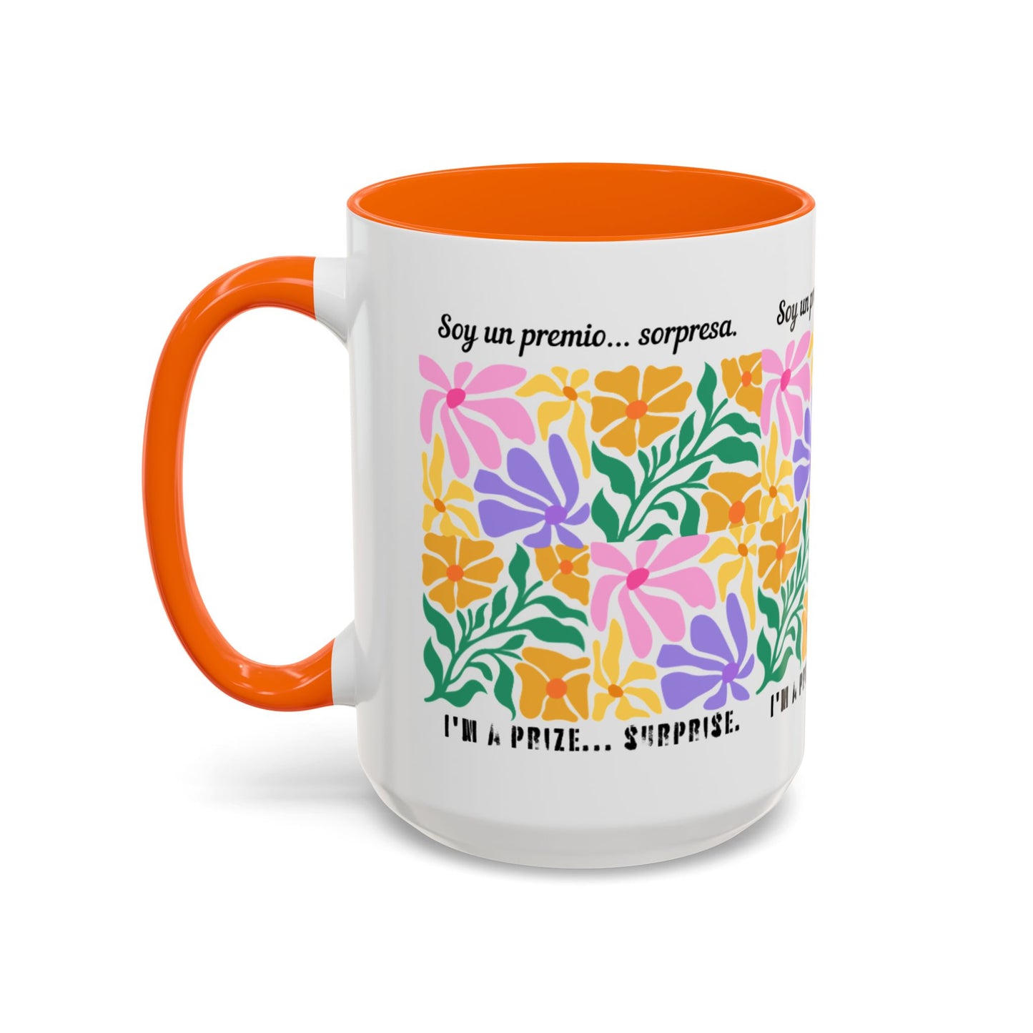 Floral "Soy un premio... sorpresa" Accent Coffee Mug — Colorful Spanish Quote 11/15oz