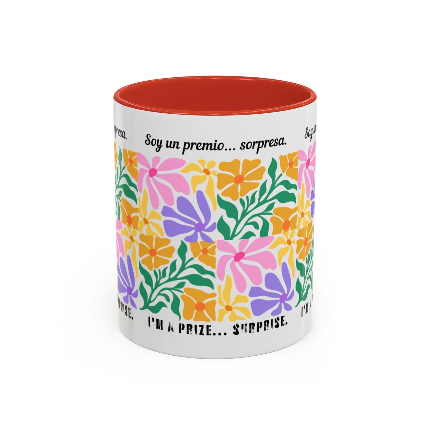Floral "Soy un premio... sorpresa" Accent Coffee Mug — Colorful Spanish Quote 11/15oz