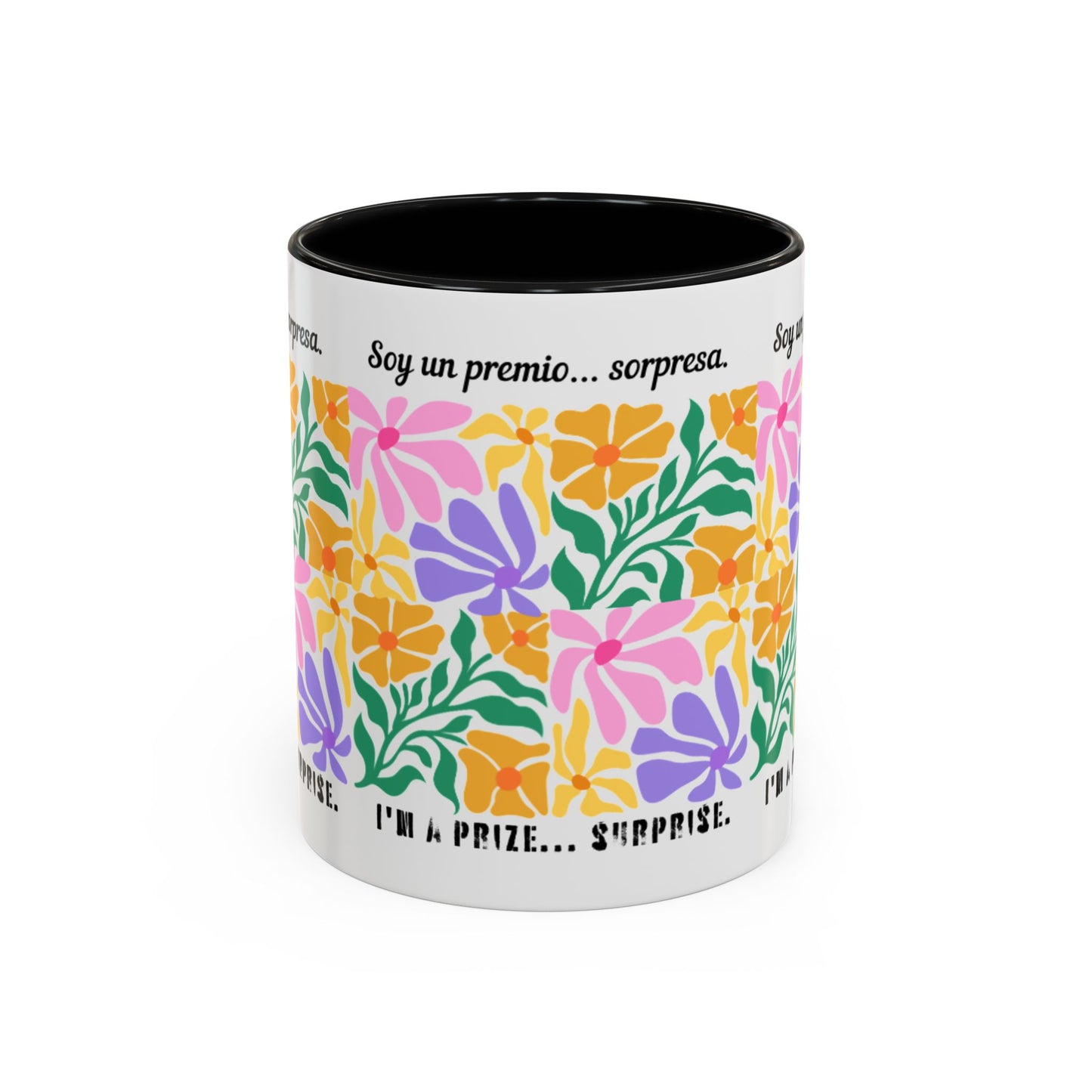 Floral "Soy un premio... sorpresa" Accent Coffee Mug — Colorful Spanish Quote 11/15oz