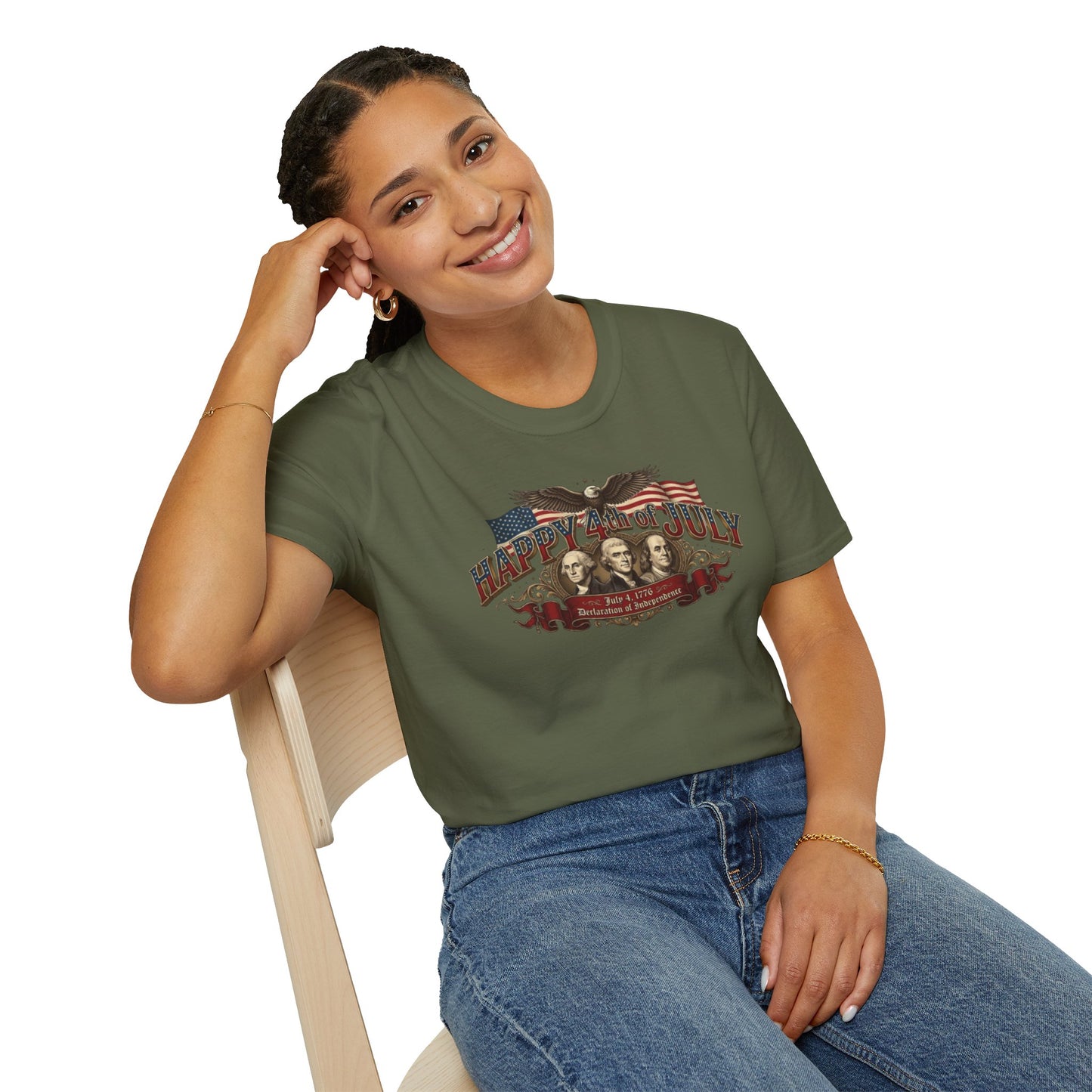 4th of July T-Shirt — "Happy 4th of July" Vintage Patriotic Tee featuring Founding Fathers & Eagle