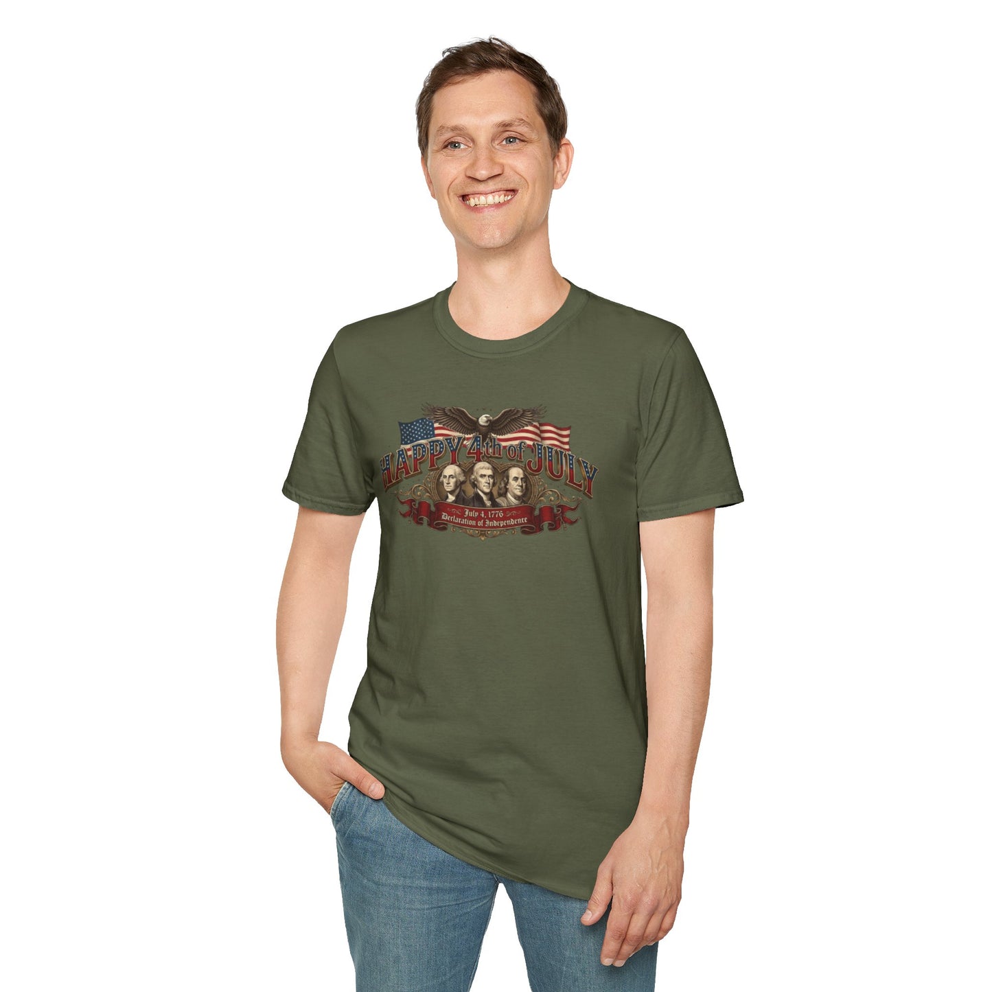 4th of July T-Shirt — "Happy 4th of July" Vintage Patriotic Tee featuring Founding Fathers & Eagle