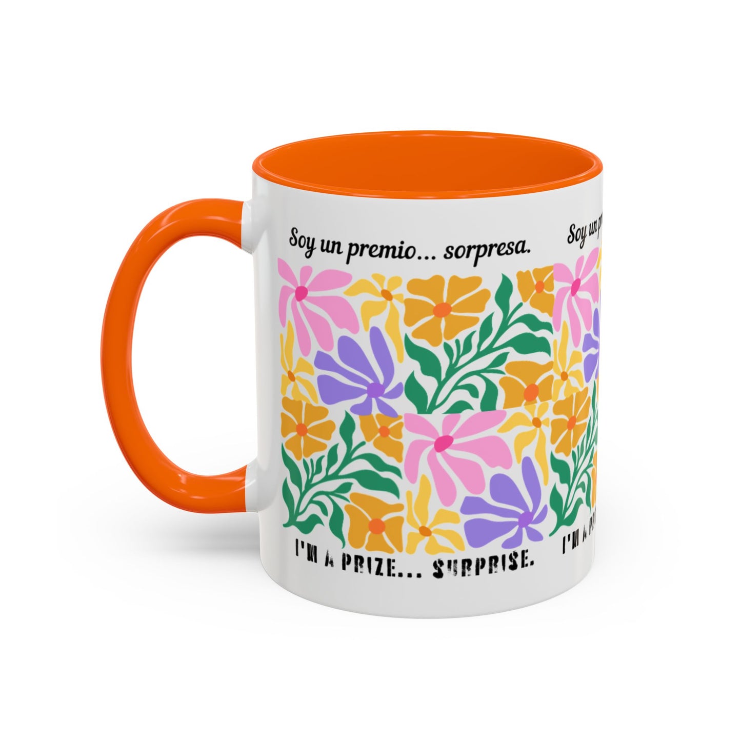 Floral "Soy un premio... sorpresa" Accent Coffee Mug — Colorful Spanish Quote 11/15oz