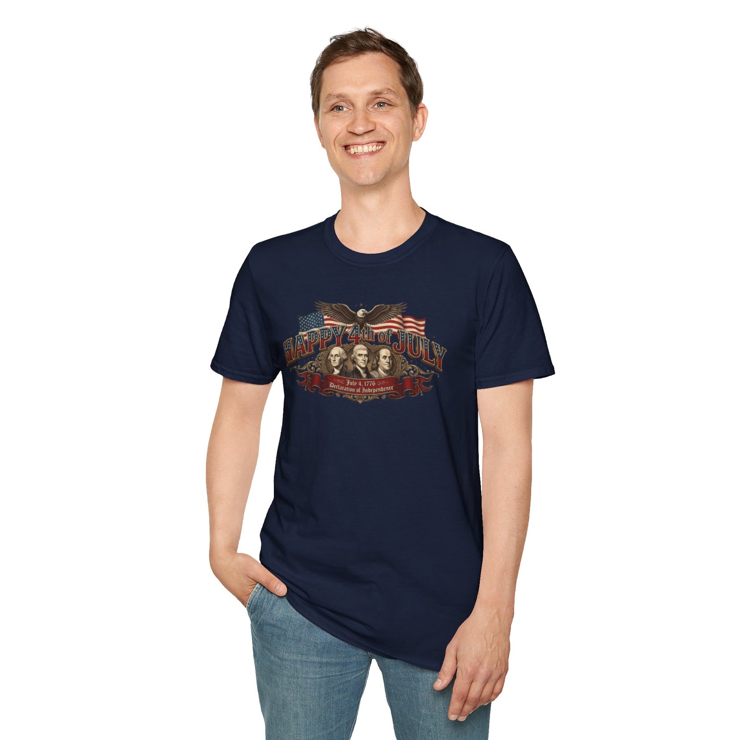 4th of July T-Shirt — "Happy 4th of July" Vintage Patriotic Tee featuring Founding Fathers & Eagle