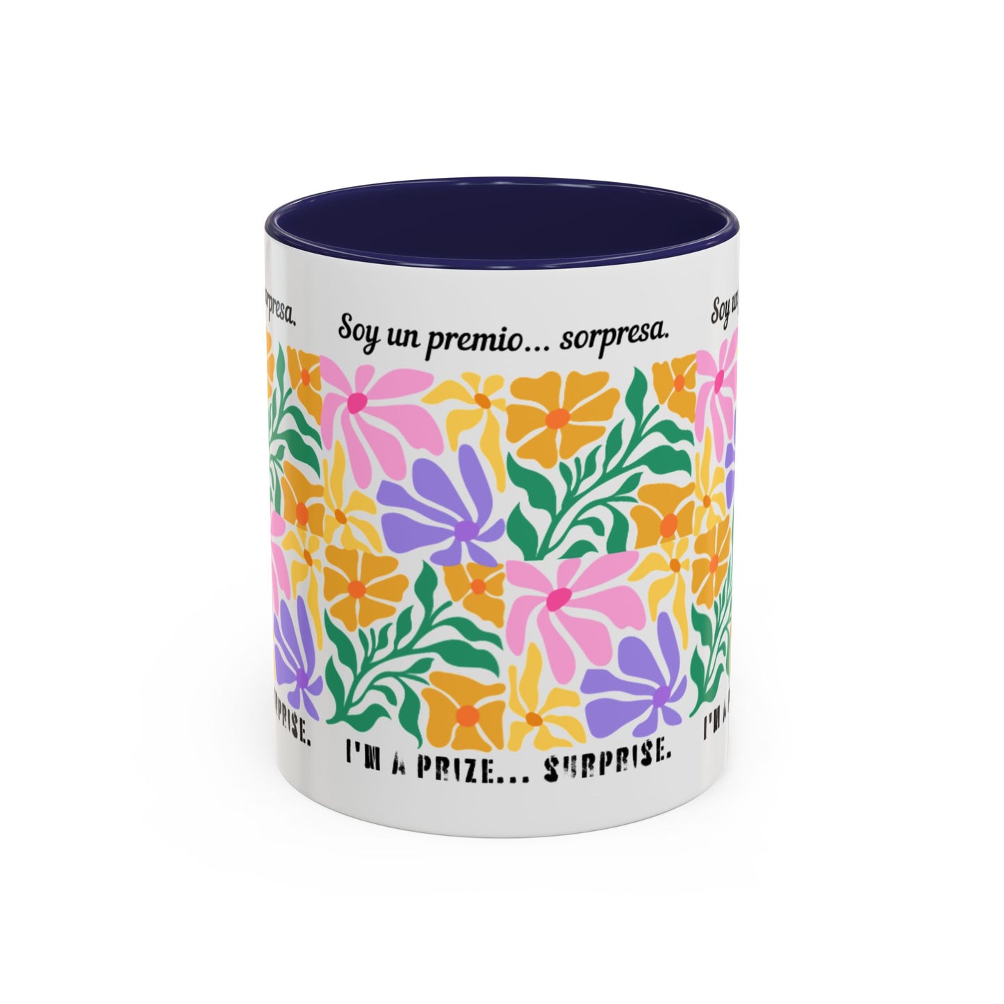 Floral "Soy un premio... sorpresa" Accent Coffee Mug — Colorful Spanish Quote 11/15oz