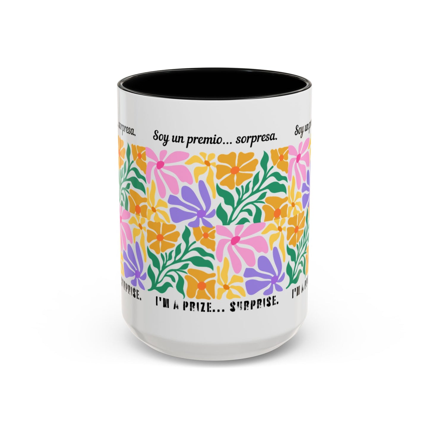 Floral "Soy un premio... sorpresa" Accent Coffee Mug — Colorful Spanish Quote 11/15oz