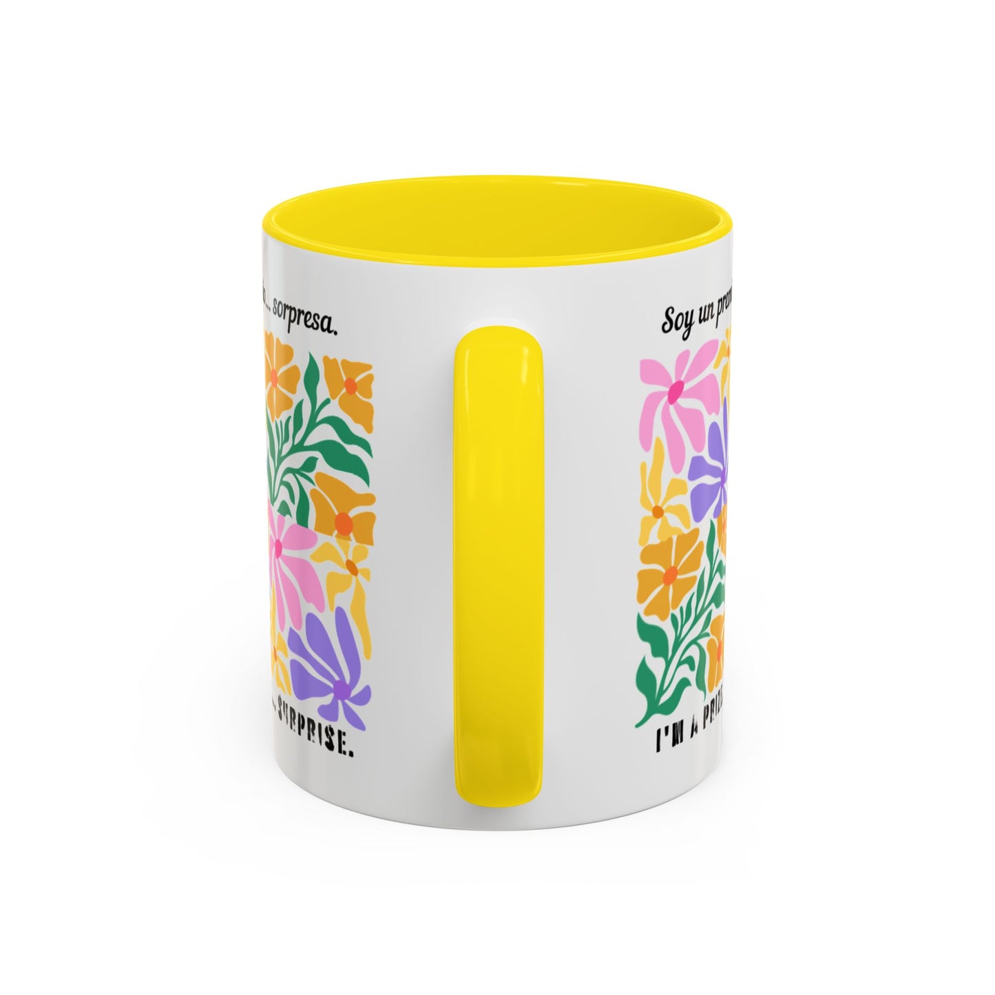 Floral "Soy un premio... sorpresa" Accent Coffee Mug — Colorful Spanish Quote 11/15oz