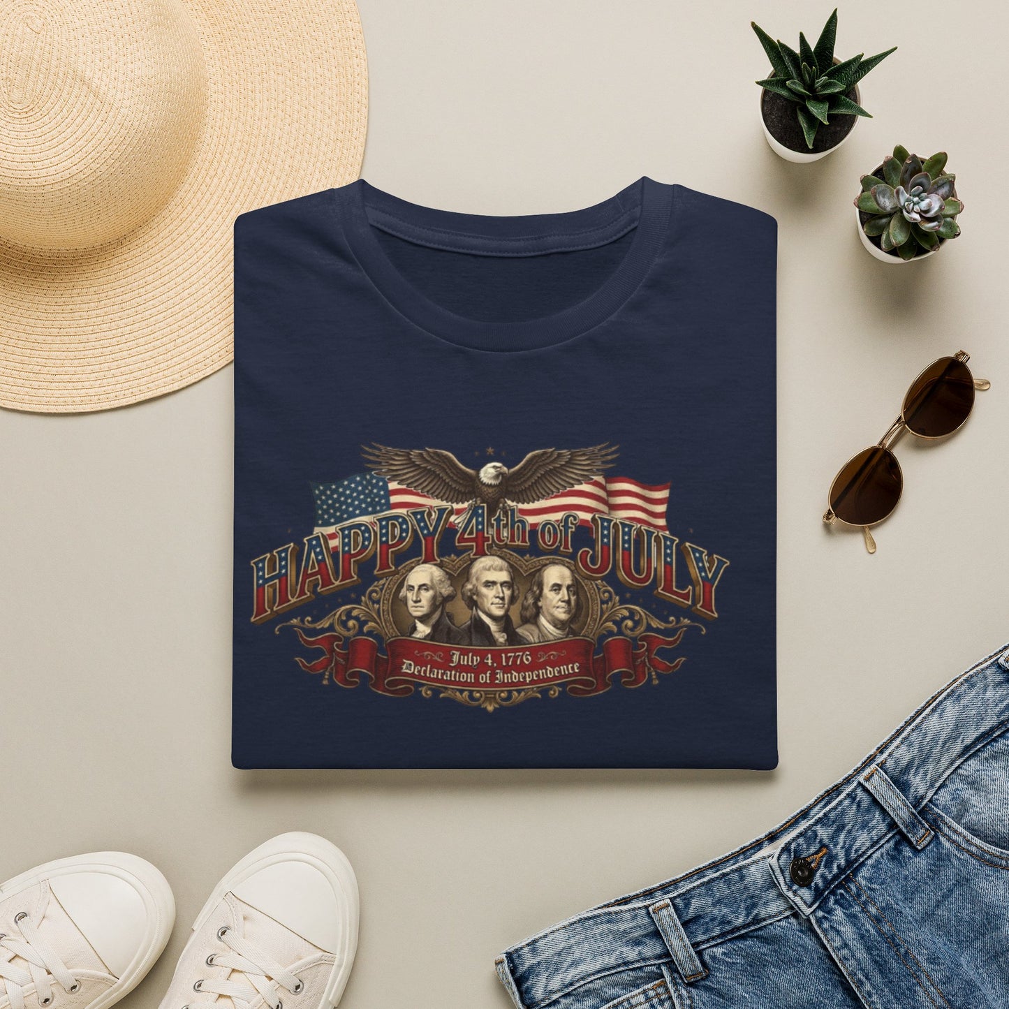 4th of July T-Shirt — "Happy 4th of July" Vintage Patriotic Tee featuring Founding Fathers & Eagle