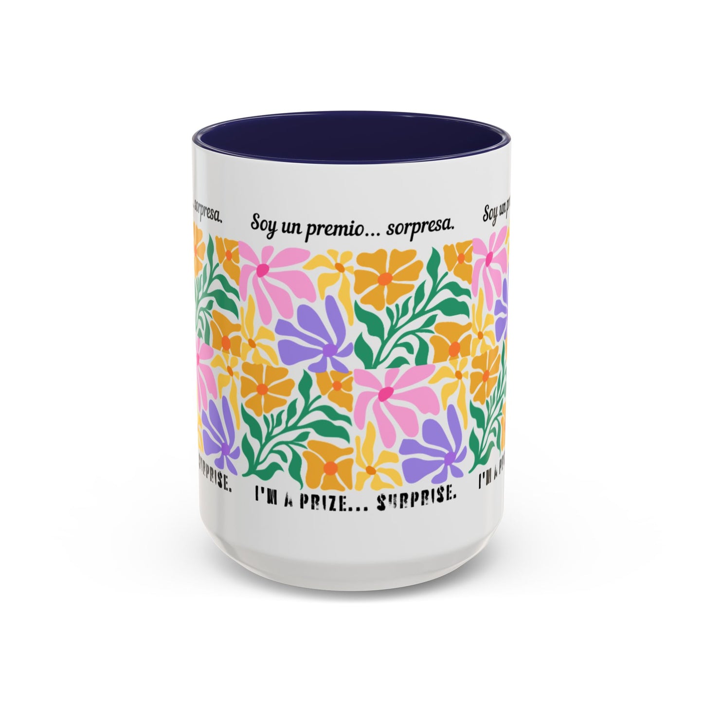 Floral "Soy un premio... sorpresa" Accent Coffee Mug — Colorful Spanish Quote 11/15oz