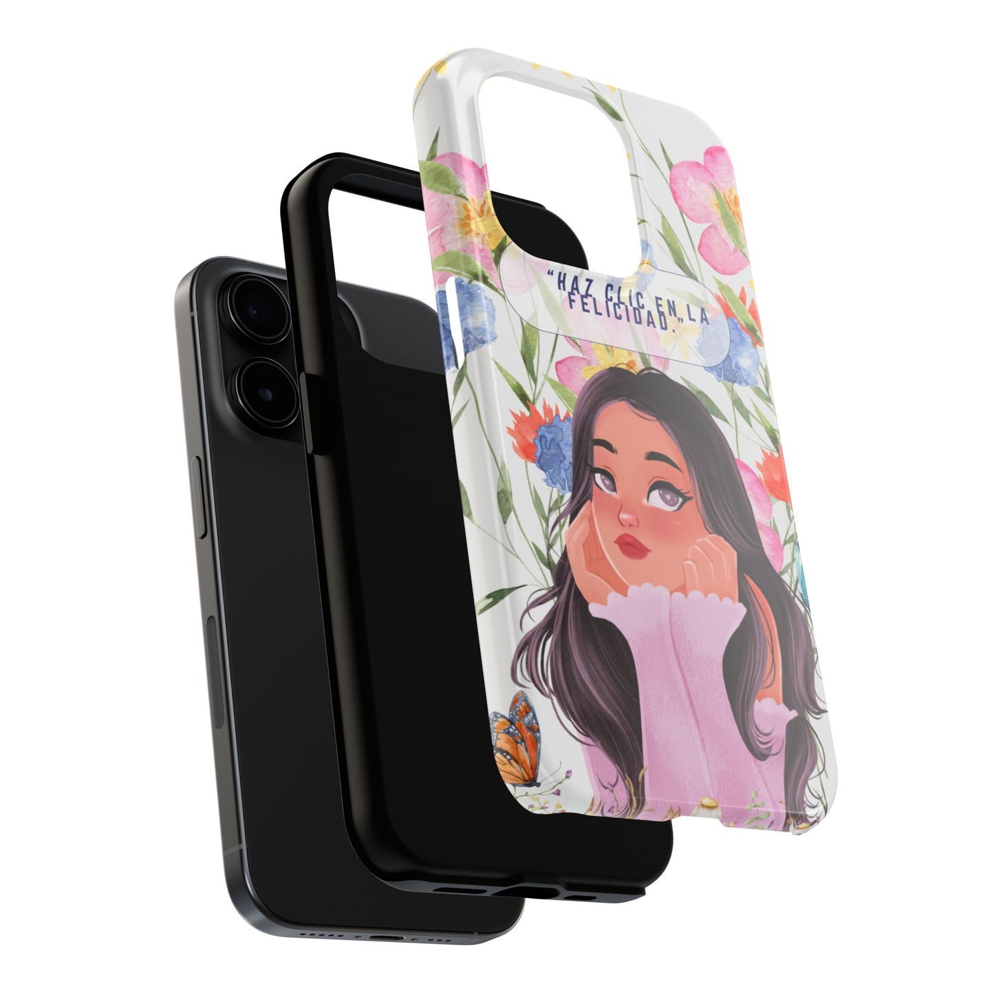 Floral Girl Phone Case — "Haz clic en la felicidad" Tough Protective Case