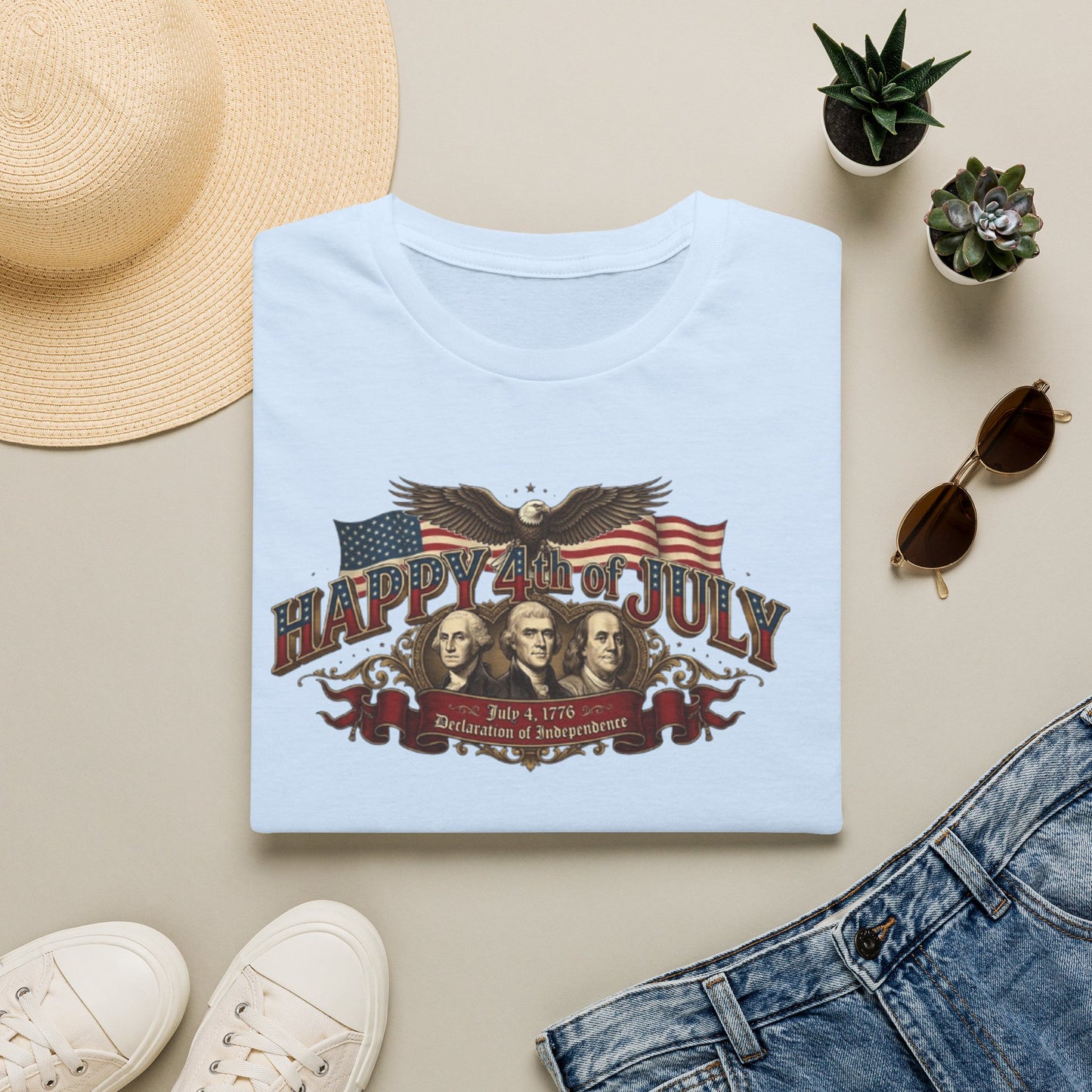 4th of July T-Shirt — "Happy 4th of July" Vintage Patriotic Tee featuring Founding Fathers & Eagle