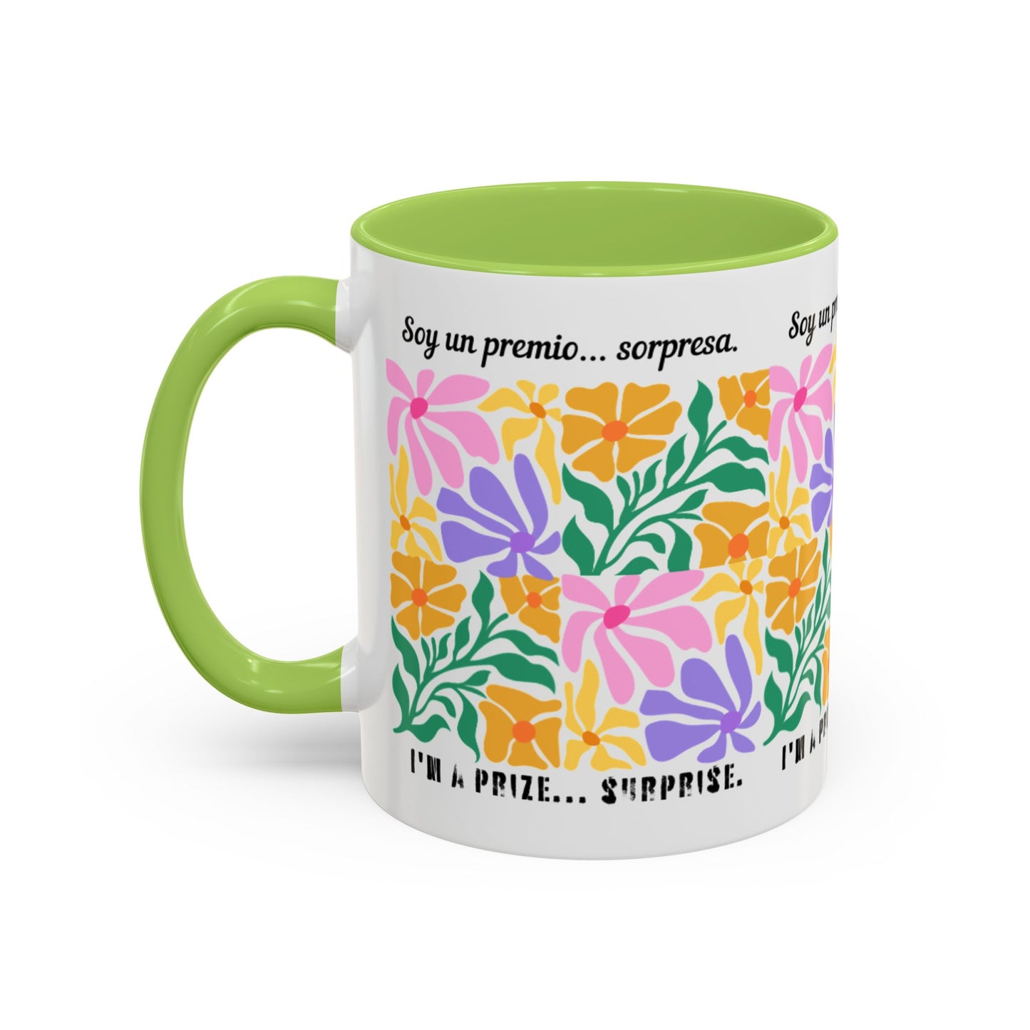 Floral "Soy un premio... sorpresa" Accent Coffee Mug — Colorful Spanish Quote 11/15oz