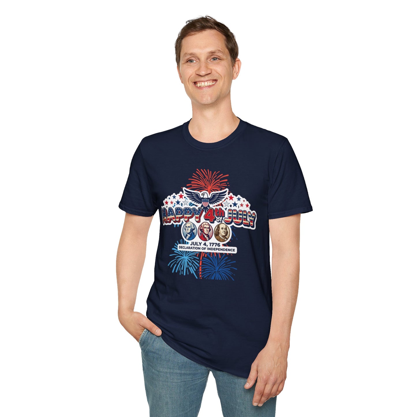 Unisex Softstyle T-ShirtHappy 4th July Eagle T-Shirt | Patriotic Fireworks Independence Day Tee