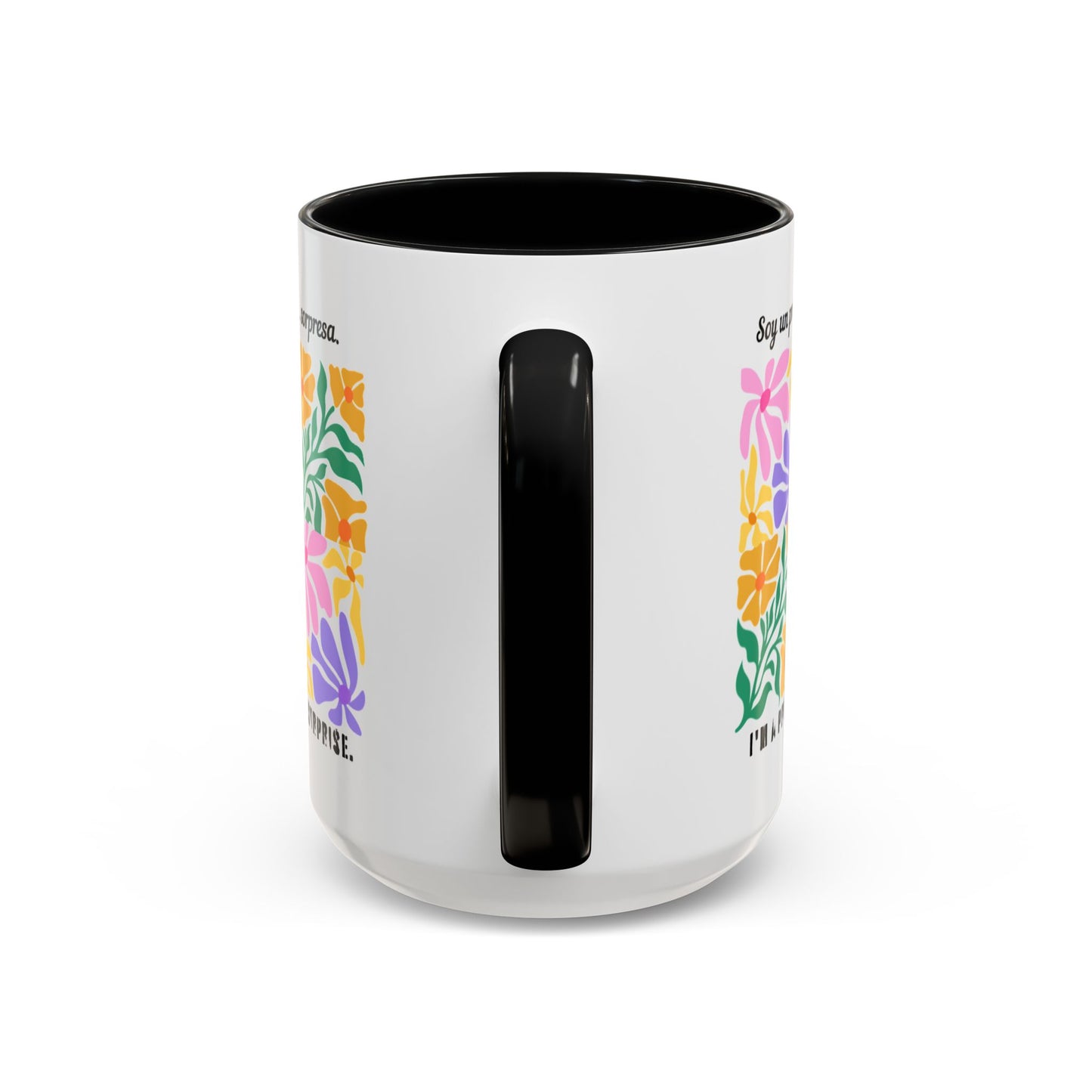 Floral "Soy un premio... sorpresa" Accent Coffee Mug — Colorful Spanish Quote 11/15oz
