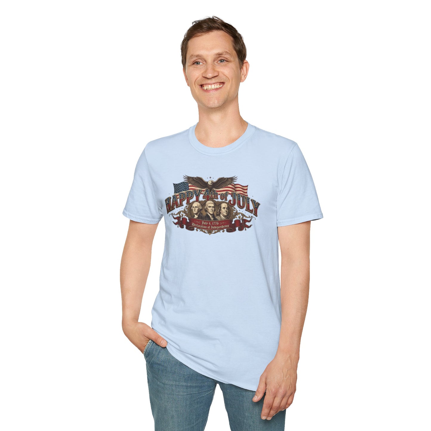 4th of July T-Shirt — "Happy 4th of July" Vintage Patriotic Tee featuring Founding Fathers & Eagle