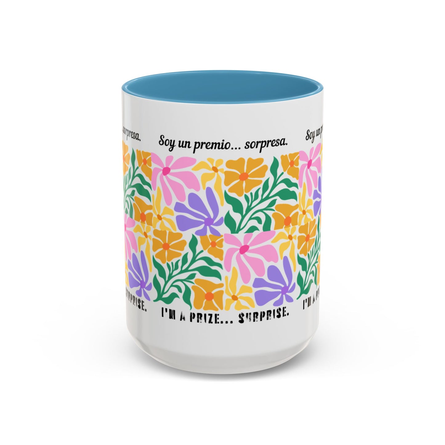 Floral "Soy un premio... sorpresa" Accent Coffee Mug — Colorful Spanish Quote 11/15oz
