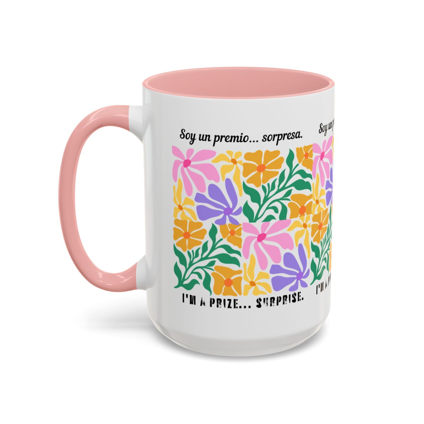 Floral "Soy un premio... sorpresa" Accent Coffee Mug — Colorful Spanish Quote 11/15oz