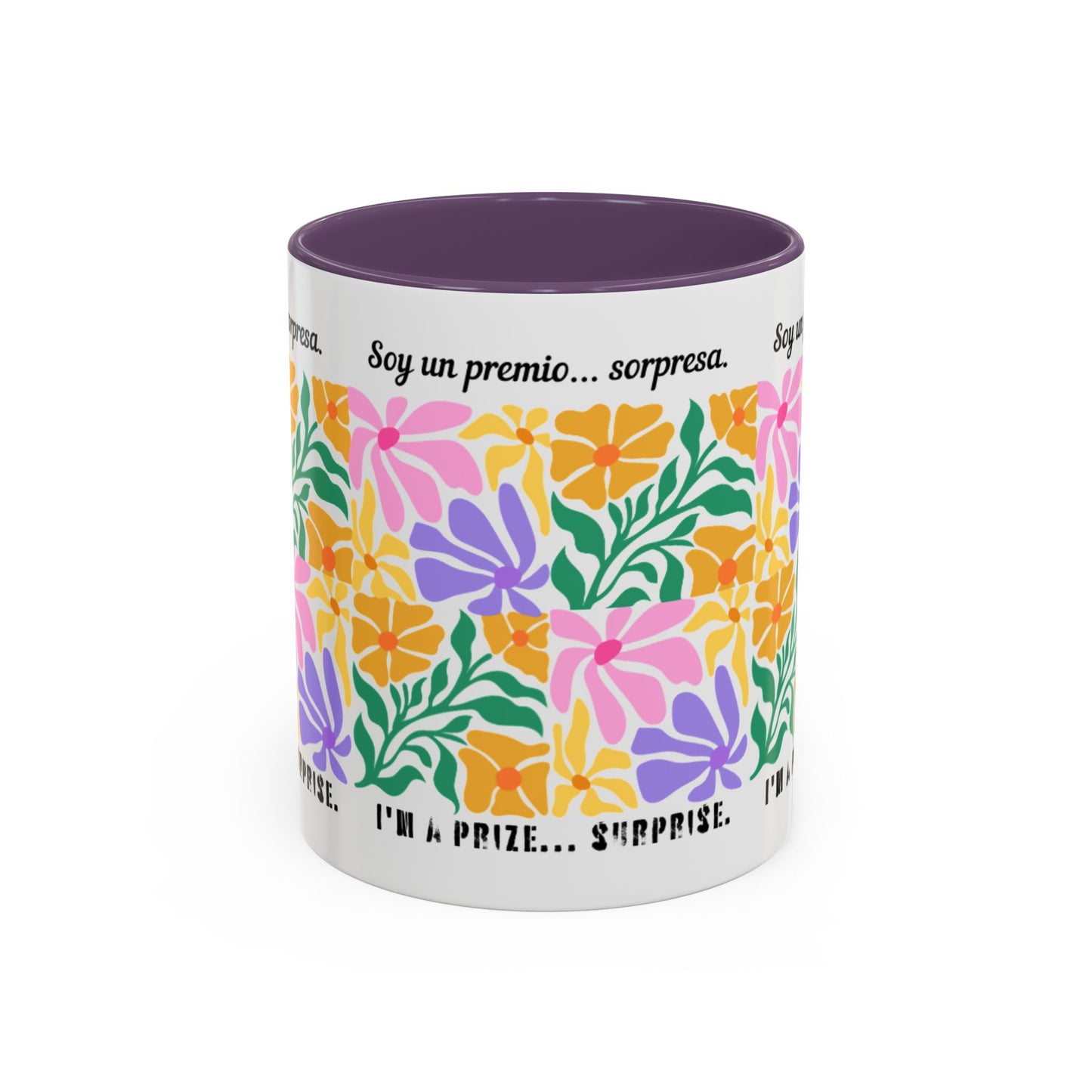 Floral "Soy un premio... sorpresa" Accent Coffee Mug — Colorful Spanish Quote 11/15oz