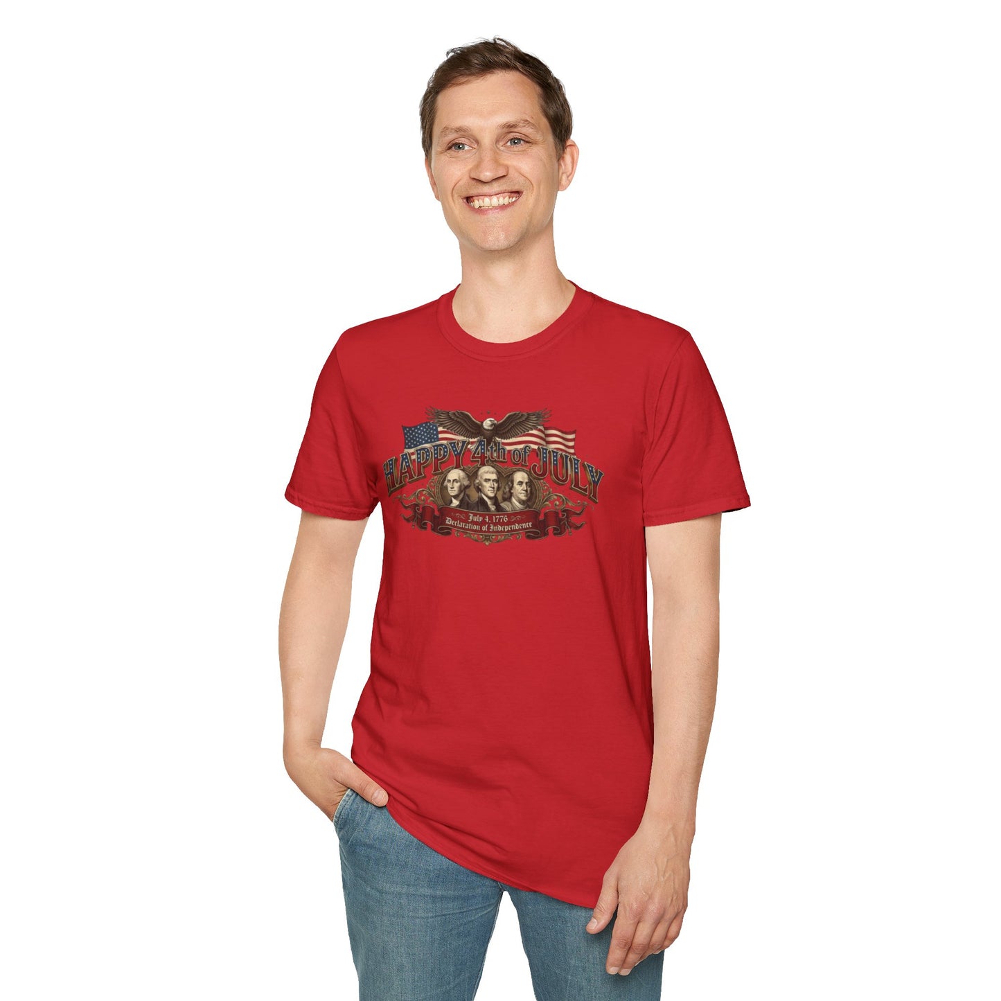 4th of July T-Shirt — "Happy 4th of July" Vintage Patriotic Tee featuring Founding Fathers & Eagle