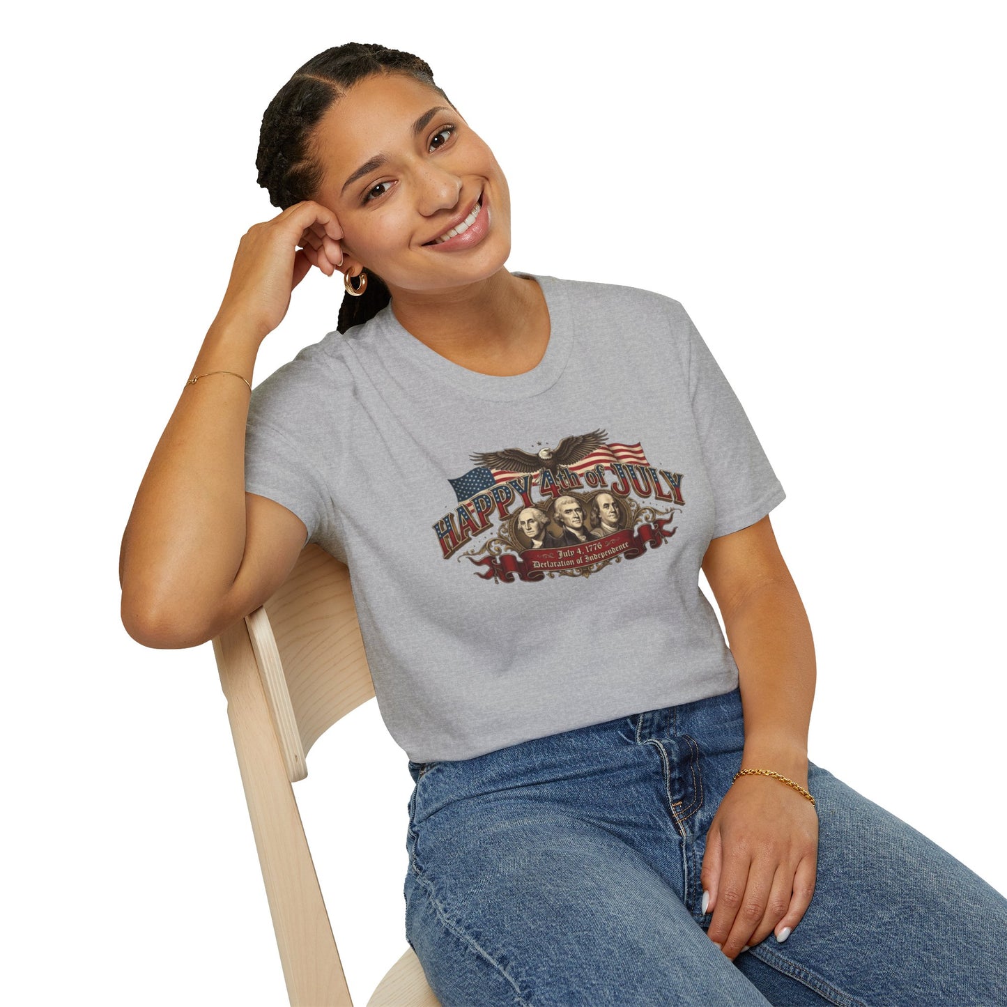 4th of July T-Shirt — "Happy 4th of July" Vintage Patriotic Tee featuring Founding Fathers & Eagle