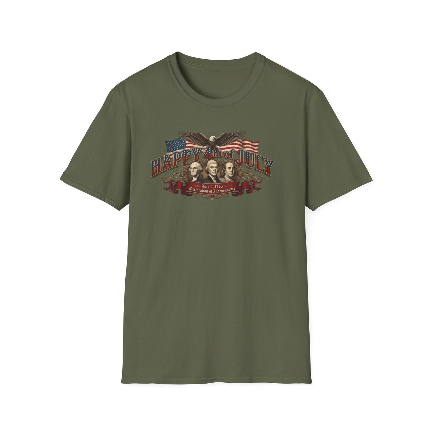 4th of July T-Shirt — "Happy 4th of July" Vintage Patriotic Tee featuring Founding Fathers & Eagle