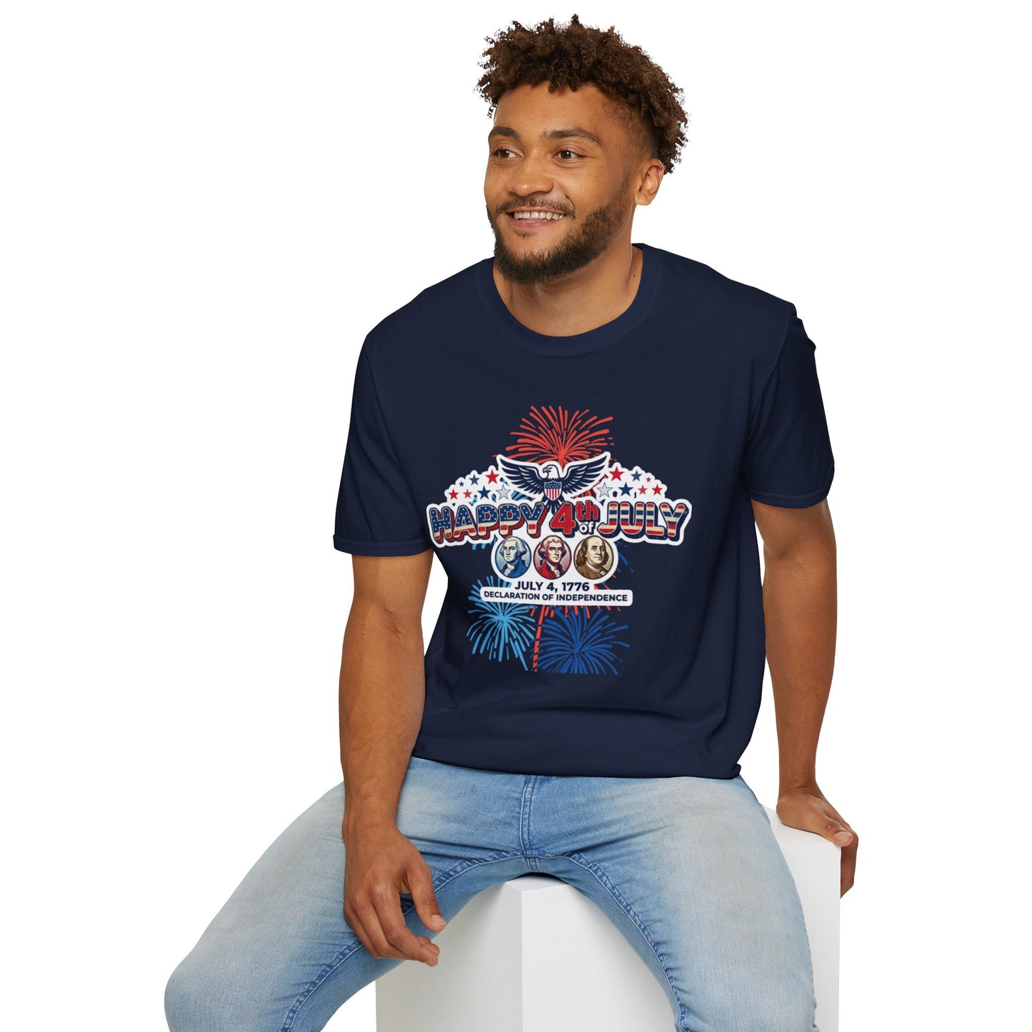 Unisex Softstyle T-ShirtHappy 4th July Eagle T-Shirt | Patriotic Fireworks Independence Day Tee