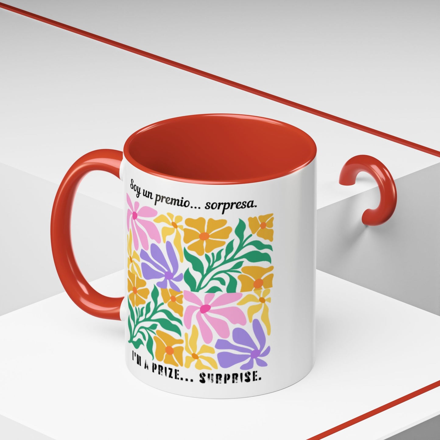 Floral 'Soy un premio... sorpresa / I'm a Prize... Surprise' Accent Coffee Mug