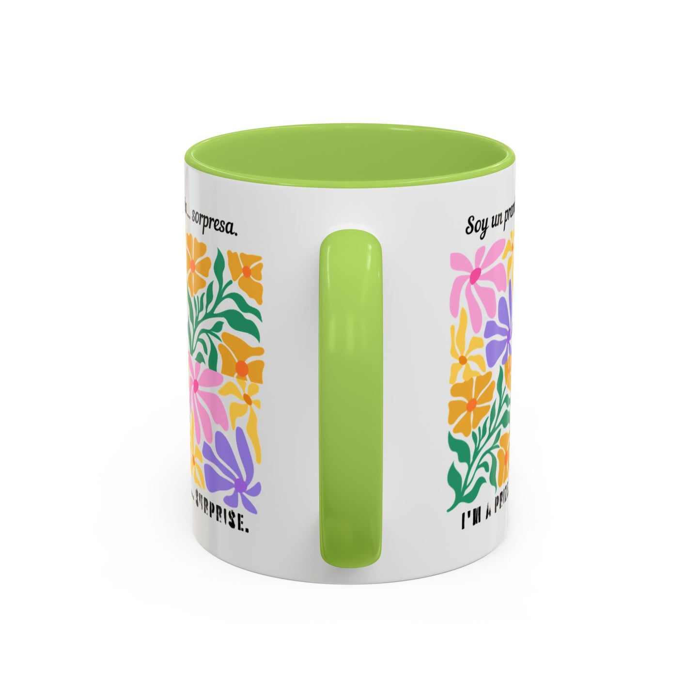 Floral "Soy un premio... sorpresa" Accent Coffee Mug — Colorful Spanish Quote 11/15oz