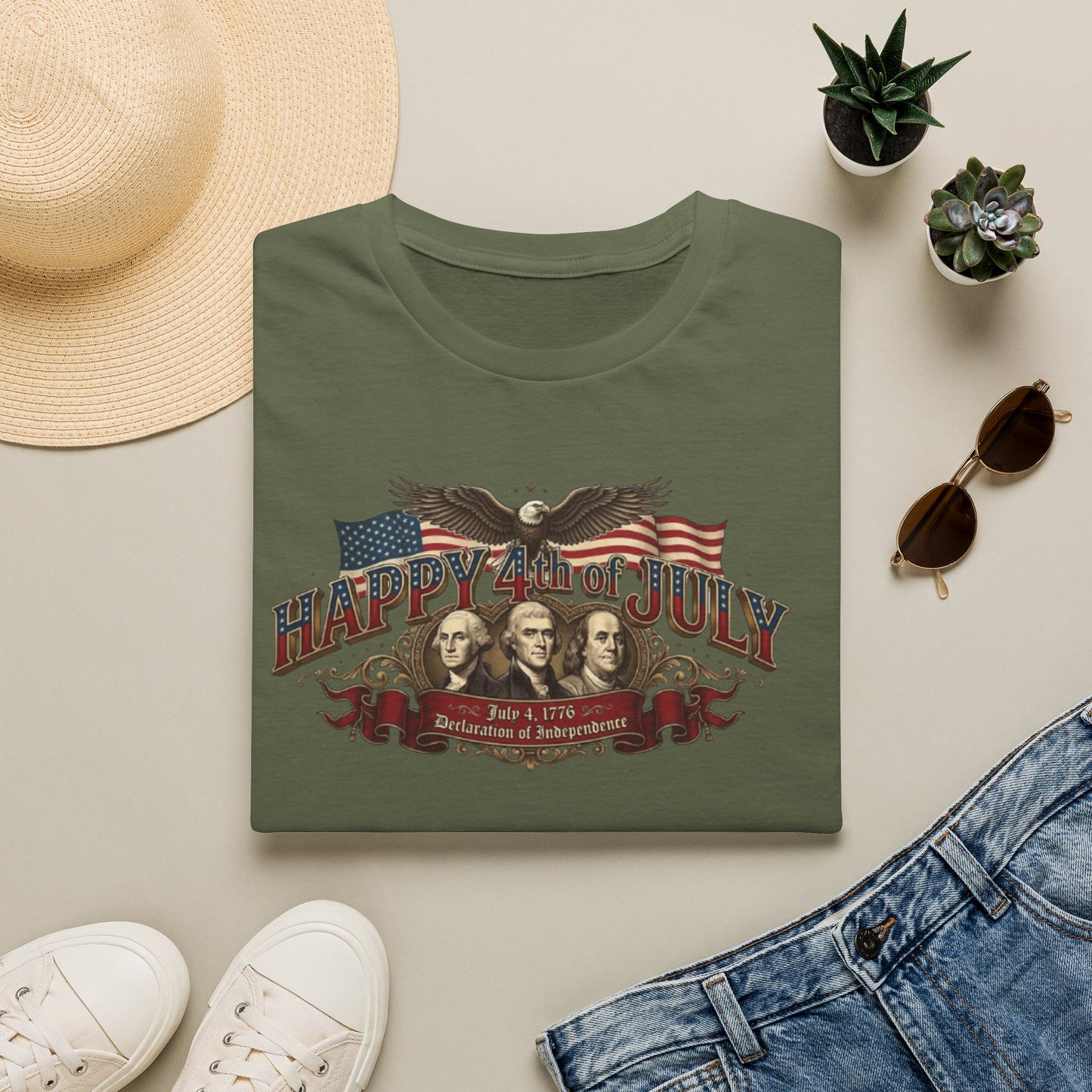 4th of July T-Shirt — "Happy 4th of July" Vintage Patriotic Tee featuring Founding Fathers & Eagle