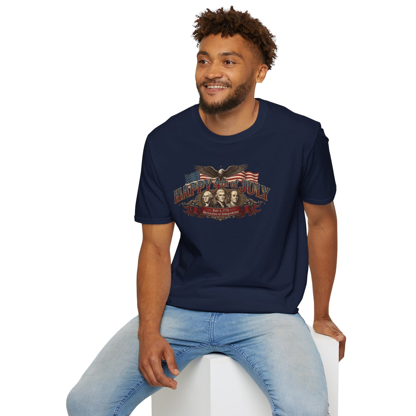 4th of July T-Shirt — "Happy 4th of July" Vintage Patriotic Tee featuring Founding Fathers & Eagle