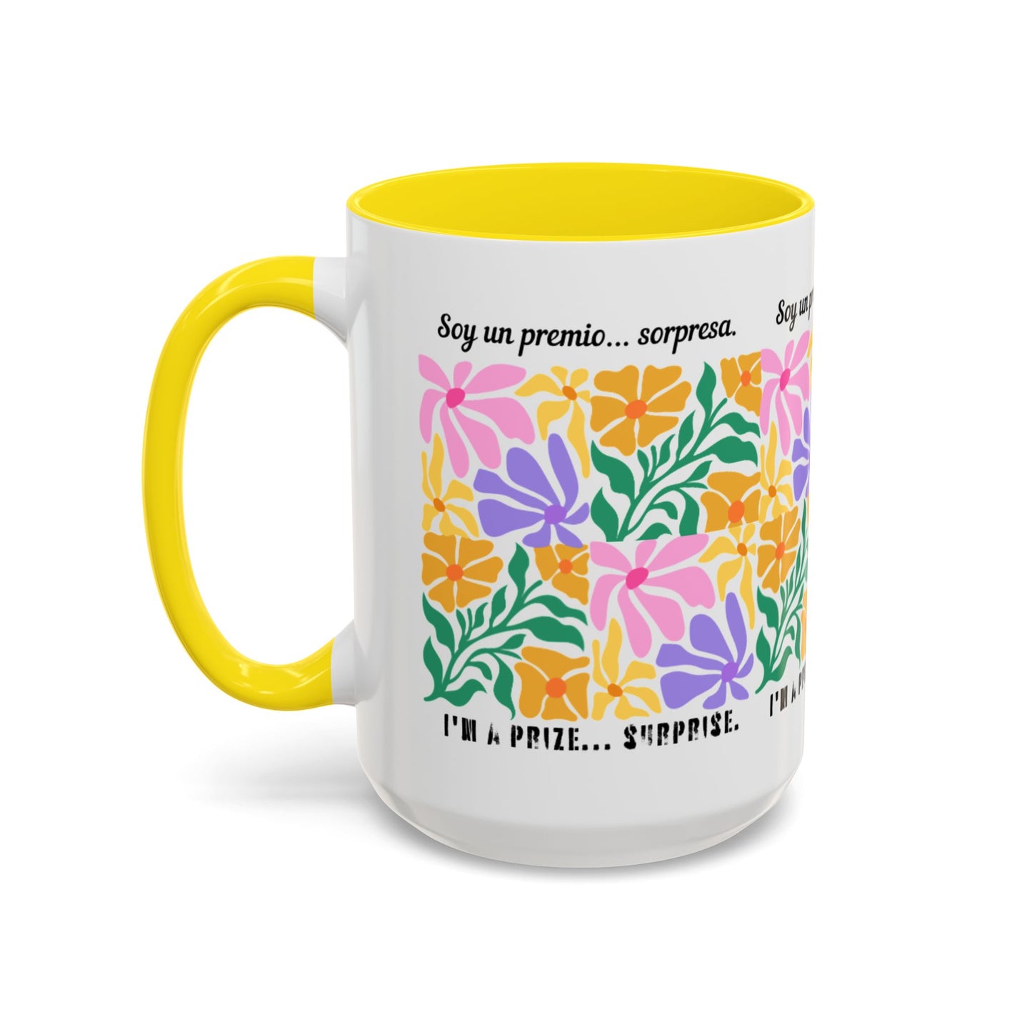 Floral "Soy un premio... sorpresa" Accent Coffee Mug — Colorful Spanish Quote 11/15oz