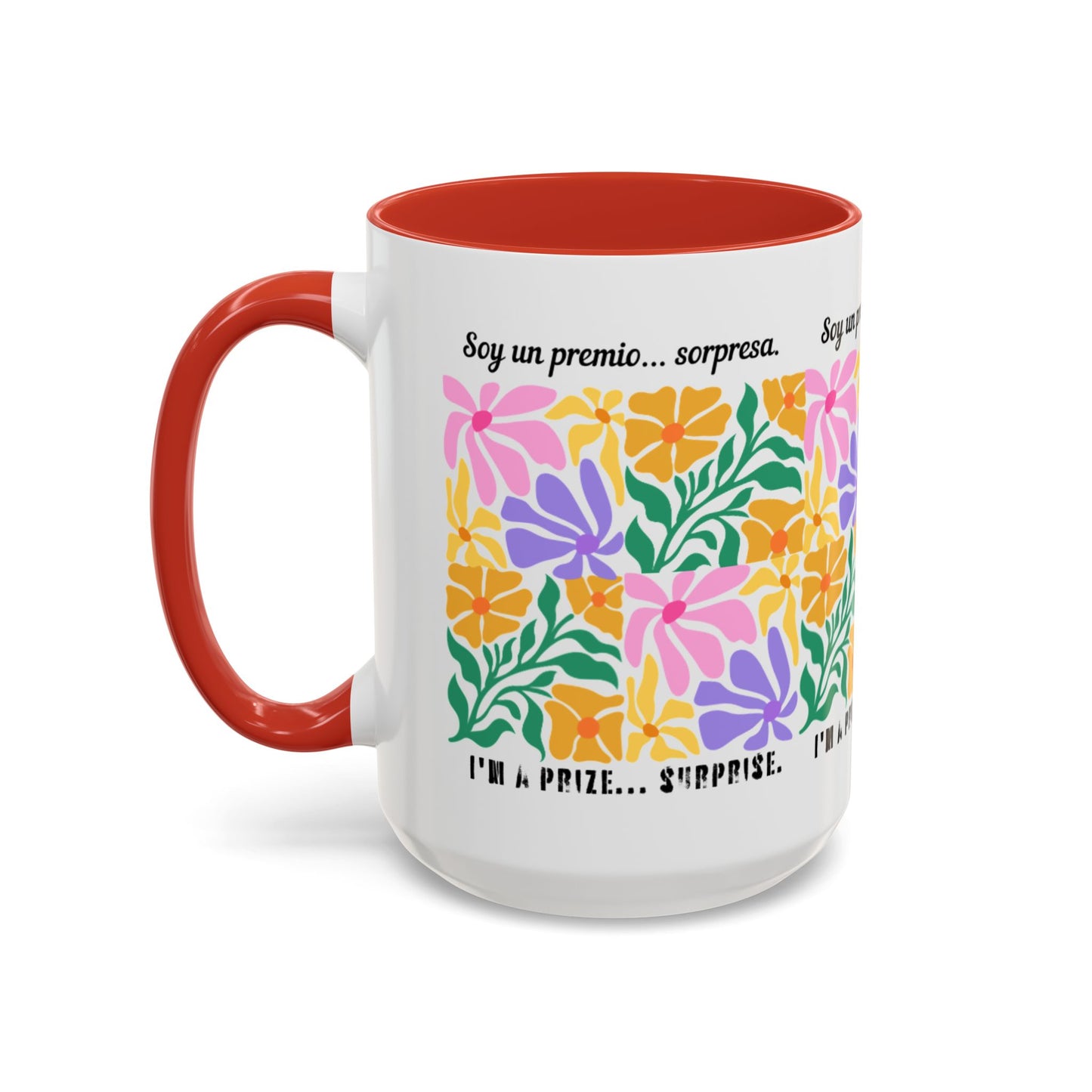 Floral "Soy un premio... sorpresa" Accent Coffee Mug — Colorful Spanish Quote 11/15oz